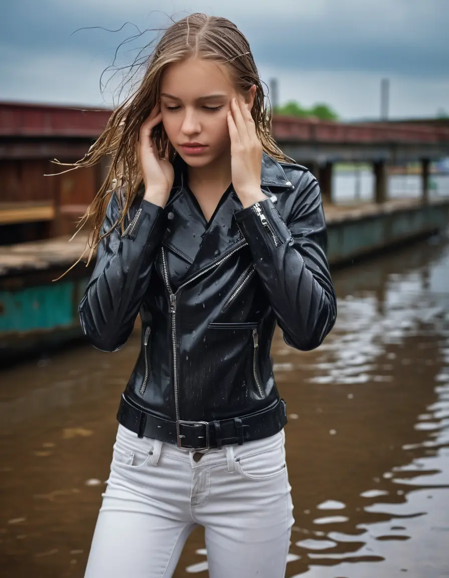 photo of young woman, in soaking wet, drenched clothes,
ankle boots, super skin tight white denim jeans, slim fit black biker leatherjacket,  tight sexy tshirt with wide necklace, handbag, pearl necklace, Fifteen years horny blonde teenage girl with her Friends holds her hand over her mouth and nose posing for a picture on a dock, 
enjoying, wet clothes stuck to body,
detailed textures of the wet clothes, wet face, wet plastered hair,
wet, drenched, professional, high-quality details, full body view.
sharp focus, ultra-high pixel detail, realistic, high-quality, full colors, incredibly detailed, 4k, 8k, 16k, hyper-realistic, RAW photo, masterpiece, ultra-detailed, professionally color graded, professional photograph, Fifteen years old, completely soaked, completely dripping wet from head to toe, very wet clothes, sleek long straight hair, worried and embarrassed facial expression, slight yawn, moaning,  all girls wear different styles of clothes, she takes her handbag with her into the water, a lot of people stands in the background, close-up, view from above, highly realistic representation, ultra sharp focus, highly photorealistic detailed facial features and expressions, highly photorealistic hands, highly best quality, highly sharp photorealistic image, highly photorealistic details, highest photorealistic wet clothes, full UHD resolution, highest photorealistic sharpness of the image, 32 K