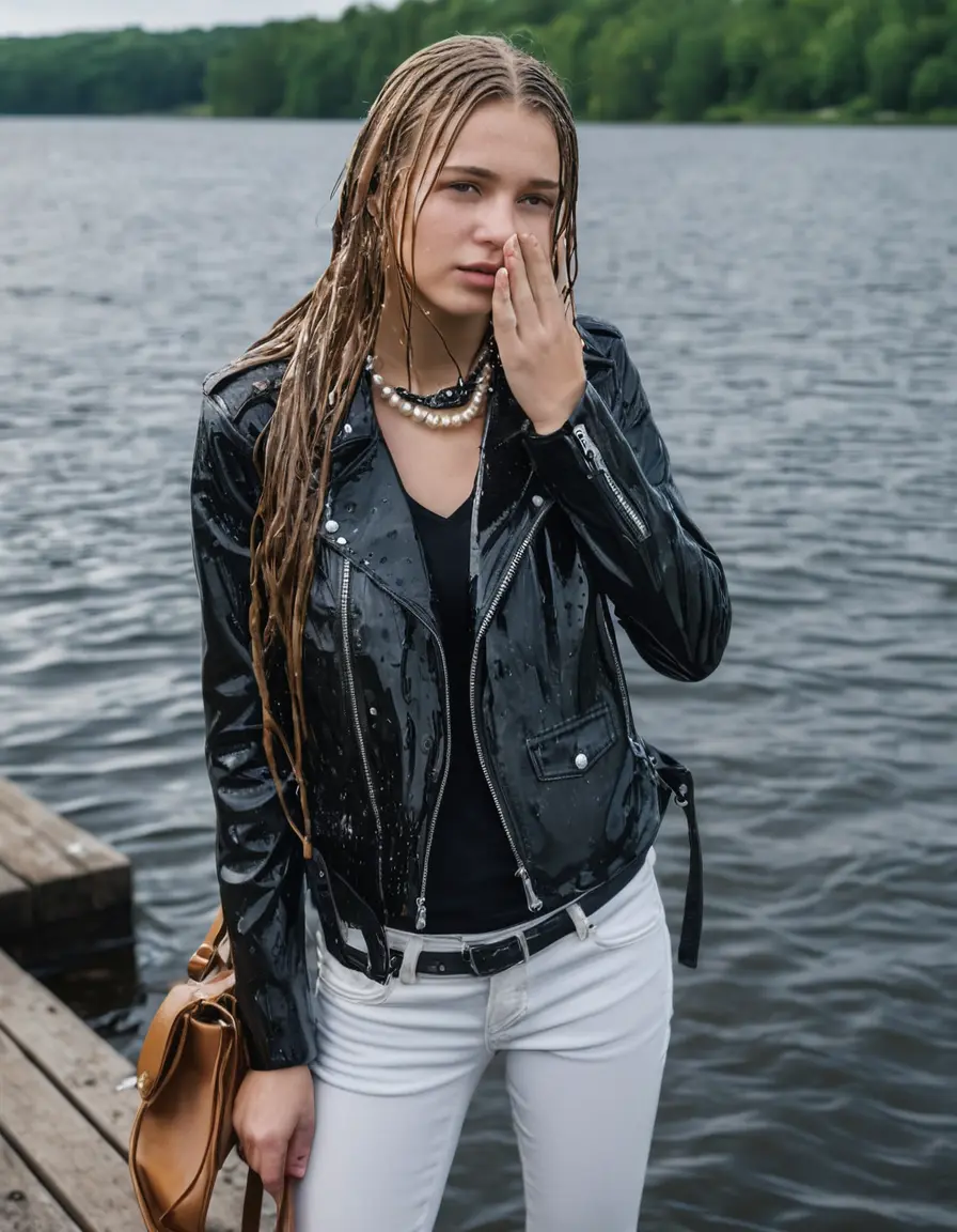 photo of young woman, in soaking wet, drenched clothes,
ankle boots, super skin tight white denim jeans, slim fit black biker leatherjacket,  tight sexy tshirt with wide necklace, handbag, pearl necklace, Fifteen years horny blonde teenage girl with her Friends holds her hand over her mouth and nose posing half submerged into water for a picture on a dock, 
enjoying, wet clothes stuck to body,
detailed textures of the wet clothes, wet face, wet plastered hair,
wet, drenched, professional, high-quality details, full body view.
sharp focus, ultra-high pixel detail, realistic, high-quality, full colors, incredibly detailed, 4k, 8k, 16k, hyper-realistic, RAW photo, masterpiece, ultra-detailed, professionally color graded, professional photograph, Fifteen years old, completely soaked, completely dripping wet from head to toe, very wet clothes, sleek long straight hair, worried and embarrassed facial expression, slight yawn, moaning,  all girls wear different styles of clothes, she takes her handbag with her into the water, a lot of people stands in the background, close-up, view from above, highly realistic representation, ultra sharp focus, highly photorealistic detailed facial features and expressions, highly photorealistic hands, highly best quality, highly sharp photorealistic image, highly photorealistic details, highest photorealistic wet clothes, full UHD resolution, highest photorealistic sharpness of the image, 32 K