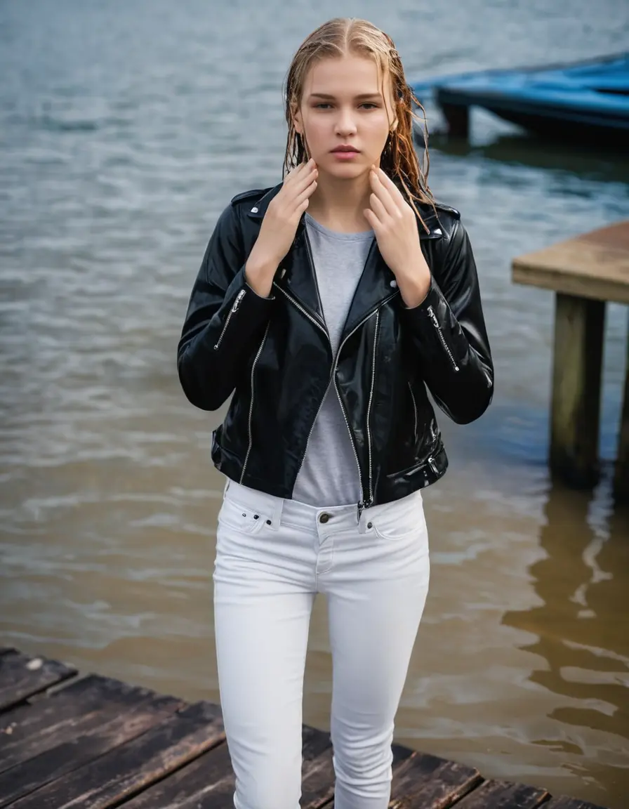 photo of young woman, in soaking wet, drenched clothes,
ankle boots, super skin tight white denim jeans, slim fit black biker leatherjacket,  tight sexy tshirt with wide necklace, handbag, pearl necklace, Fifteen years horny blonde teenage girl with her Friends holds her hand over her mouth and nose posing half submerged into water for a picture on a dock, 
enjoying, wet clothes stuck to body,
detailed textures of the wet clothes, wet face, wet plastered hair,
wet, drenched, professional, high-quality details, full body view.
sharp focus, ultra-high pixel detail, realistic, high-quality, full colors, incredibly detailed, 4k, 8k, 16k, hyper-realistic, RAW photo, masterpiece, ultra-detailed, professionally color graded, professional photograph, Fifteen years old, completely soaked, completely dripping wet from head to toe, very wet clothes, sleek long straight hair, worried and embarrassed facial expression, slight yawn, moaning,  all girls wear different styles of clothes, she takes her handbag with her into the water, a lot of people stands in the background, close-up, view from above, highly realistic representation, ultra sharp focus, highly photorealistic detailed facial features and expressions, highly photorealistic hands, highly best quality, highly sharp photorealistic image, highly photorealistic details, highest photorealistic wet clothes, full UHD resolution, highest photorealistic sharpness of the image, 32 K