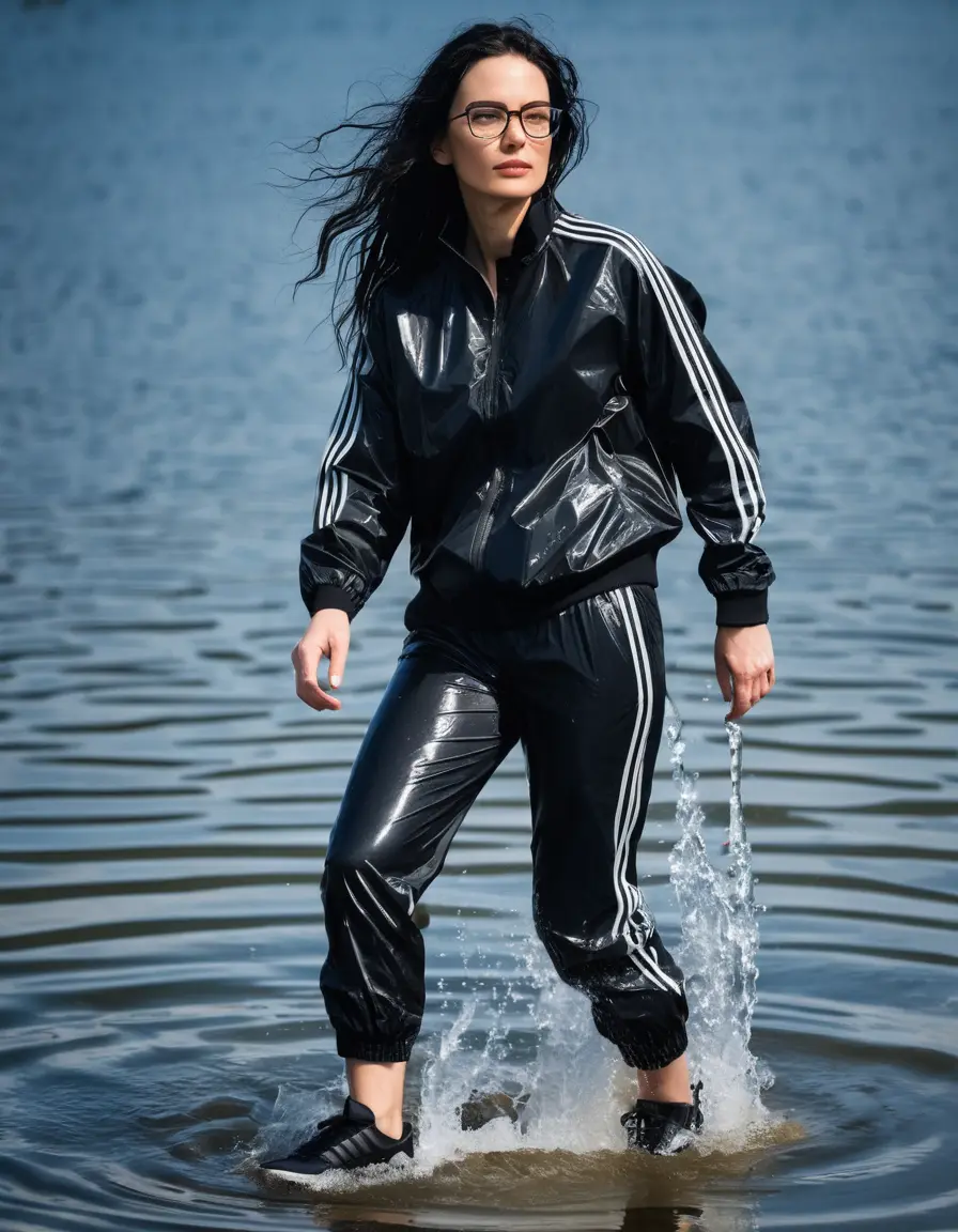 photo of young woman, in soaking wet, drenched clothes,
Sport shoes , long black nylon adidas trousers, black nylon adidas jacket with long sleeves, walking in Sunny Deep lake, 
enjoying, wet clothes stuck to body,
detailed textures of the wet clothes, wet face, wet plastered hair,
wet, drenched, professional, high-quality details, full body view.
sharp focus, ultra-high pixel detail, realistic, high-quality, full colors, incredibly detailed, 4k, 8k, 16k, hyper-realistic, RAW photo, masterpiece, ultra-detailed, professionally color graded, professional photograph, woman 51 years old, long black hair, very big and thick lips, office light glasses, complete body, open mouth