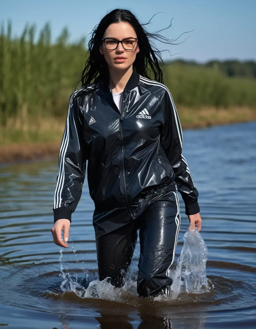 photo of young woman, in soaking wet, drenched clothes,
Sport shoes , long black nylon adidas trousers, black nylon adidas jacket with long sleeves, walking in Sunny Deep lake, 
enjoying, wet clothes stuck to body,
detailed textures of the wet clothes, wet face, wet plastered hair,
wet, drenched, professional, high-quality details, full body view.
sharp focus, ultra-high pixel detail, realistic, high-quality, full colors, incredibly detailed, 4k, 8k, 16k, hyper-realistic, RAW photo, masterpiece, ultra-detailed, professionally color graded, professional photograph, woman 51 years old, long black hair, very big and thick lips, office light glasses, complete body, open mouth