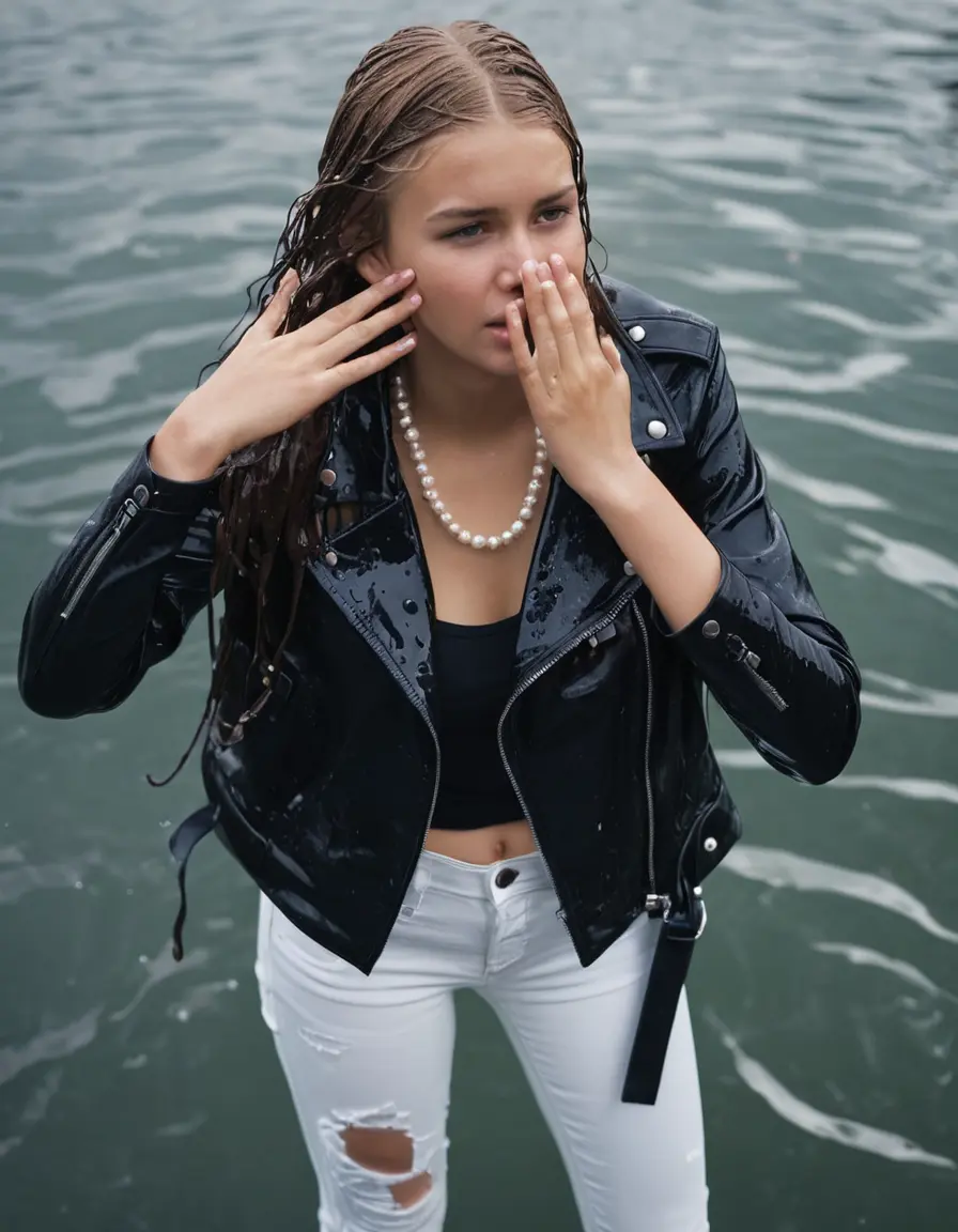 photo of young woman, in soaking wet, drenched clothes,
ankle boots, super skin tight white denim jeans, slim fit black biker leatherjacket,  tight sexy tshirt with wide necklace, handbag, pearl necklace, Fifteen years horny blonde teenage girl with her Friends holds her hand over her mouth and nose posing half submerged into water for a picture on a dock, 
enjoying, wet clothes stuck to body,
detailed textures of the wet clothes, wet face, wet plastered hair,
wet, drenched, professional, high-quality details, full body view.
sharp focus, ultra-high pixel detail, realistic, high-quality, full colors, incredibly detailed, 4k, 8k, 16k, hyper-realistic, RAW photo, masterpiece, ultra-detailed, professionally color graded, professional photograph, Fifteen years old, completely soaked, completely dripping wet from head to toe, very wet clothes, sleek long straight hair, worried and embarrassed facial expression, slight yawn, moaning,  all girls wear different styles of clothes, she takes her handbag with her into the water, a lot of people stands in the background, close-up, view from above, highly realistic representation, ultra sharp focus, highly photorealistic detailed facial features and expressions, highly photorealistic hands, highly best quality, highly sharp photorealistic image, highly photorealistic details, highest photorealistic wet clothes, full UHD resolution, highest photorealistic sharpness of the image, 32 K
