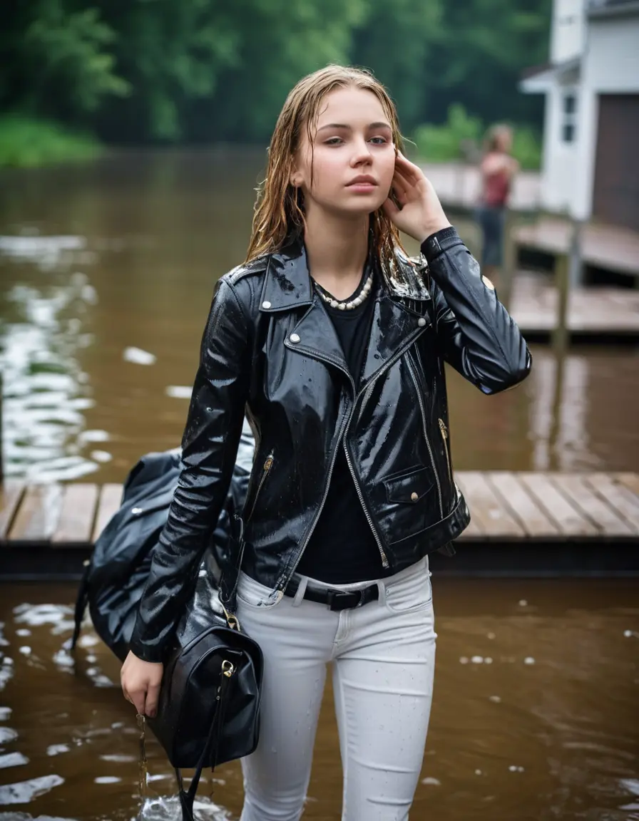 photo of young woman, in soaking wet, drenched clothes,
ankle boots, super skin tight white denim jeans, slim fit black biker leatherjacket,  tight sexy tshirt with wide necklace, handbag, pearl necklace, Fifteen years horny blonde teenage girl with her Friends holds her hand over her mouth and nose posing submerged for a picture on a dock, 
enjoying, wet clothes stuck to body,
detailed textures of the wet clothes, wet face, wet plastered hair,
wet, drenched, professional, high-quality details, full body view.
sharp focus, ultra-high pixel detail, realistic, high-quality, full colors, incredibly detailed, 4k, 8k, 16k, hyper-realistic, RAW photo, masterpiece, ultra-detailed, professionally color graded, professional photograph, Fifteen years old, completely soaked, completely dripping wet from head to toe, very wet clothes, sleek long straight hair, worried and embarrassed facial expression, slight yawn, moaning,  all girls wear different styles of clothes, she takes her handbag with her into the water, a lot of people stands in the background, close-up, view from above, highly realistic representation, ultra sharp focus, highly photorealistic detailed facial features and expressions, highly photorealistic hands, highly best quality, highly sharp photorealistic image, highly photorealistic details, highest photorealistic wet clothes, full UHD resolution, highest photorealistic sharpness of the image, 32 K