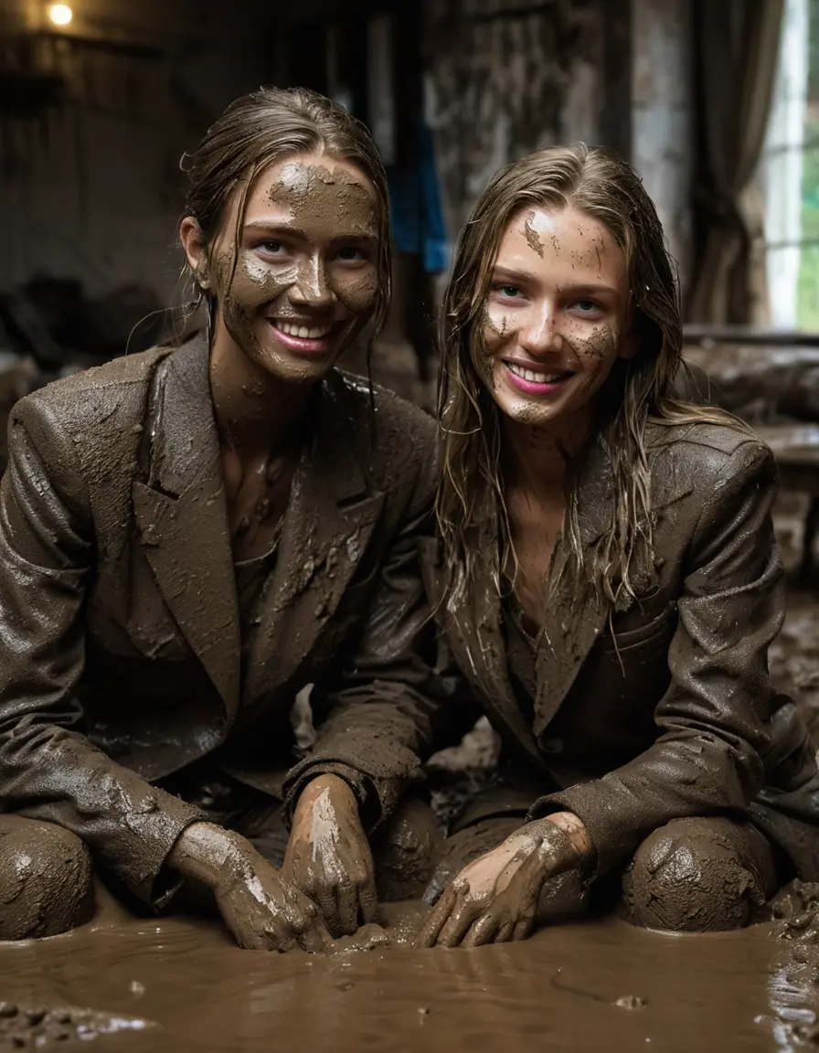 photo of young woman, in soaking wet, drenched clothes,
Muddy high heels, Long very muddy suit pants, Full muddy ruined fully-opened blazer like a fancy uniform over topless with exposed clean big boobs., Muddy party in a dark muddy indoor club. Mud splashed walls with mud-flooded floor. Dark mood lighting with pink and blue neon lights. Muddy furnitures and mud-covered chairs and sofas in the background., 
enjoying, wet clothes stuck to body,
detailed textures of the wet clothes, wet face, wet plastered hair,
wet, drenched, professional, high-quality details, full body view.
sharp focus, ultra-high pixel detail, realistic, high-quality, full colors, incredibly detailed, 4k, 8k, 16k, hyper-realistic, RAW photo, masterpiece, ultra-detailed, professionally color graded, professional photograph, Two young pretty cute innocent blonde teen 20 years old girls are sitting in a deep muddy pool while they are hugging each other. They are wearing their fully and heavily mud-covered opened suits. Thick mud on their blazers. Every small details of the clothes are muddy, but their faces, their chests and their boobs are clean for the photo. Their blazer has the same colour as their muddy pants. They are proudly wearing their expensive open blazers. The classy elegant room is totally destroyed by mud, deep liquid mud on the bed, on the floor, mud spots everywhere, mud flows down on the walls, muddy pillows, muddy bedsheets. Straight very long open wavy hairstyle, muddy hair, smiling and beautiful clean faces, blue eyes, earrings, lipstick. The girls are enjoying to being total muddy on the bed, being sexy, naughty while they are enjoying the muddy fetish party. Realistic boobs and photorealistic detailed smiling facial expressions. Intimate close-up picture about the women from above. Close-up photo, highly realistic representation, ultra sharp focus, highly photorealistic detailed textures, highly photorealistic detailed facial features and expressions, highly photorealistic hands, highly emotional reactions, highly best quality, highly sharp photorealistic image, highly photorealistic details, full UHD resolution, 32 K, very high level of detail and image sharpness, zoomed in