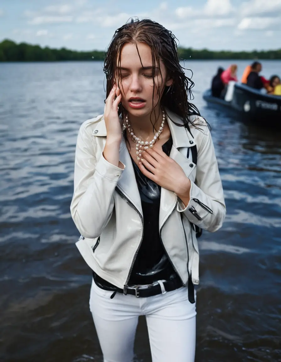 photo of young woman, in soaking wet, drenched clothes,
ankle boots, super skin tight white denim jeans, slim fit black biker leatherjacket,  tight sexy light pink tshirt with wide necklace, handbag, pearl necklace, Fifteen years horny blonde teenage girl with her Friends holds her hand over her mouth and nose posing half submerged into water for a picture on a dock, 
enjoying, wet clothes stuck to body,
detailed textures of the wet clothes, wet face, wet plastered hair,
wet, drenched, professional, high-quality details, full body view.
sharp focus, ultra-high pixel detail, realistic, high-quality, full colors, incredibly detailed, 4k, 8k, 16k, hyper-realistic, RAW photo, masterpiece, ultra-detailed, professionally color graded, professional photograph, Fifteen years old, completely soaked, completely dripping wet from head to toe, very wet clothes, sleek long straight hair, worried and embarrassed facial expression, slight yawn, moaning,  all girls wear different styles of clothes, she takes her handbag with her into the water, a lot of people stands in the background, close-up, view from above, highly realistic representation, ultra sharp focus, highly photorealistic detailed facial features and expressions, highly photorealistic hands, highly best quality, highly sharp photorealistic image, highly photorealistic details, highest photorealistic wet clothes, full UHD resolution, highest photorealistic sharpness of the image, 32 K