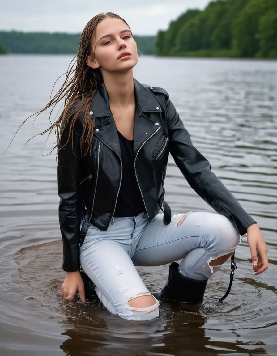 photo of young woman, in soaking wet, drenched clothes,
ankle boots, super skin tight white denim jeans, slim fit black biker leatherjacket,  tight sexy tshirt with wide necklace, handbag, pearl necklace, Fifteen years horny blonde teenage girl with her Friends holds her hand over her mouth and nose posing half submerged into water for a picture on a dock, 
enjoying, wet clothes stuck to body,
detailed textures of the wet clothes, wet face, wet plastered hair,
wet, drenched, professional, high-quality details, full body view.
sharp focus, ultra-high pixel detail, realistic, high-quality, full colors, incredibly detailed, 4k, 8k, 16k, hyper-realistic, RAW photo, masterpiece, ultra-detailed, professionally color graded, professional photograph, Fifteen years old, completely soaked, completely dripping wet from head to toe, very wet clothes, sleek long straight hair, worried and embarrassed facial expression, slight yawn, moaning,  all girls wear different styles of clothes, she takes her handbag with her into the water, a lot of people stands in the background, close-up, view from above, highly realistic representation, ultra sharp focus, highly photorealistic detailed facial features and expressions, highly photorealistic hands, highly best quality, highly sharp photorealistic image, highly photorealistic details, highest photorealistic wet clothes, full UHD resolution, highest photorealistic sharpness of the image, 32 K