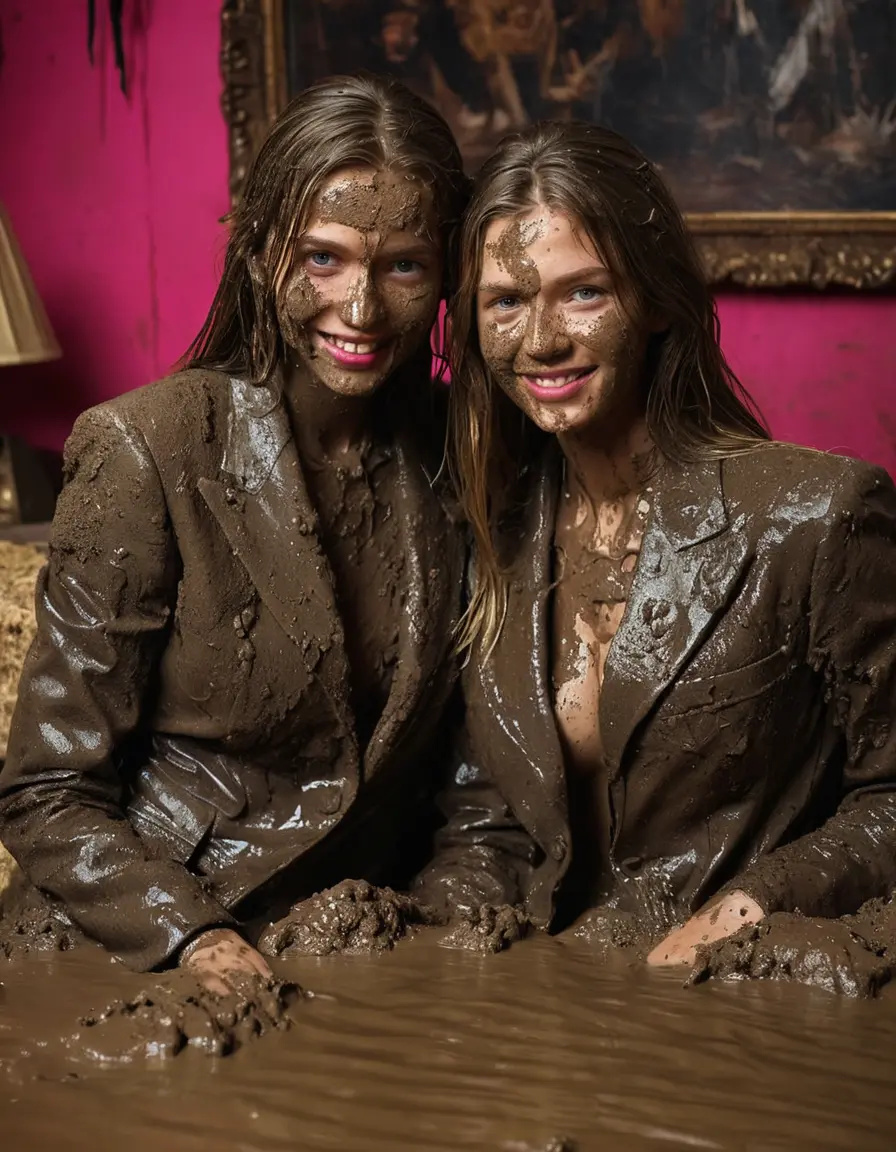 photo of young woman, in soaking wet, drenched clothes,
Muddy high heels, Long very muddy suit pants, Full muddy ruined fully-opened blazer like a fancy uniform over topless with exposed clean big boobs., Muddy party in a dark muddy indoor club. Mud splashed walls with mud-flooded floor. Dark mood lighting with pink and blue neon lights. Muddy furnitures and mud-covered chairs and sofas in the background., 
enjoying, wet clothes stuck to body,
detailed textures of the wet clothes, wet face, wet plastered hair,
wet, drenched, professional, high-quality details, full body view.
sharp focus, ultra-high pixel detail, realistic, high-quality, full colors, incredibly detailed, 4k, 8k, 16k, hyper-realistic, RAW photo, masterpiece, ultra-detailed, professionally color graded, professional photograph, Two young pretty cute innocent blonde teen 16 years old beautiful girls are sitting deep in a deep muddy pool while they are hugging each other. They are wearing their fully and heavily mud-covered opened suits. Thick mud on their blazers. Every small details of the clothes are muddy, but their faces, their chests and their boobs are clean for the photo. Their blazer has the same colour as their muddy pants. They are proudly wearing their expensive open blazers. The classy elegant room is totally destroyed by mud, deep liquid mud on the bed, on the floor, mud spots everywhere, mud flows down on the walls, muddy pillows, muddy bedsheets. Straight very long open wavy hairstyle, muddy hair, smiling and beautiful clean faces, blue eyes, earrings, lipstick. The girls are enjoying to being total muddy on the bed, being sexy, naughty while they are enjoying the muddy fetish party. Realistic boobs and photorealistic detailed smiling facial expressions. Intimate close-up picture about the women from above. Close-up photo, highly realistic representation, ultra sharp focus, highly photorealistic detailed textures, highly photorealistic detailed facial features and expressions, highly photorealistic hands, highly emotional reactions, highly best quality, highly sharp photorealistic image, highly photorealistic details, full UHD resolution, 32 K, very high level of detail and image sharpness, zoomed in