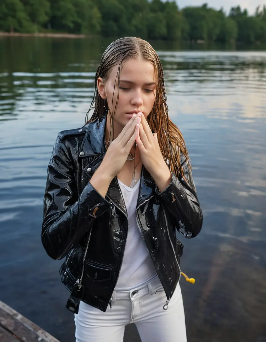 photo of young woman, in soaking wet, drenched clothes,
ankle boots, super skin tight white denim jeans, slim fit black biker leatherjacket,  tight sexy tshirt with wide necklace, handbag, pearl necklace, Fifteen years horny blonde teenage girl with her Friends holds her hand over her mouth and nose posing half submerged into water for a picture on a dock, 
enjoying, wet clothes stuck to body,
detailed textures of the wet clothes, wet face, wet plastered hair,
wet, drenched, professional, high-quality details, full body view.
sharp focus, ultra-high pixel detail, realistic, high-quality, full colors, incredibly detailed, 4k, 8k, 16k, hyper-realistic, RAW photo, masterpiece, ultra-detailed, professionally color graded, professional photograph, Fifteen years old, completely soaked, completely dripping wet from head to toe, very wet clothes, sleek long straight hair, worried and embarrassed facial expression, slight yawn, moaning,  all girls wear different styles of clothes, she takes her handbag with her into the water, a lot of people stands in the background, close-up, view from above, highly realistic representation, ultra sharp focus, highly photorealistic detailed facial features and expressions, highly photorealistic hands, highly best quality, highly sharp photorealistic image, highly photorealistic details, highest photorealistic wet clothes, full UHD resolution, highest photorealistic sharpness of the image, 32 K