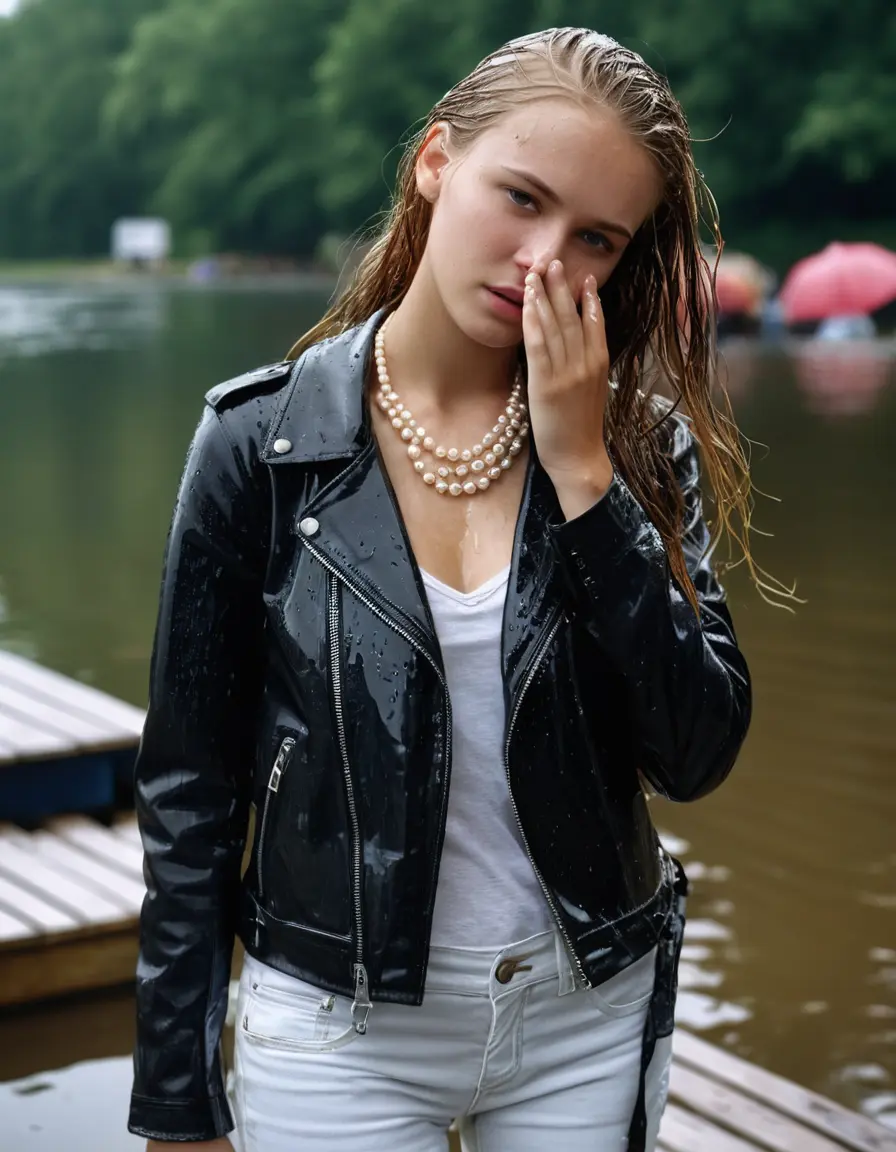 photo of young woman, in soaking wet, drenched clothes,
ankle boots, super skin tight white denim jeans, slim fit black biker leatherjacket,  tight sexy tshirt with wide necklace, handbag, pearl necklace, Fifteen years horny blonde teenage girl with her Friends holds her hand over her mouth and nose posing submerged for a picture on a dock, 
enjoying, wet clothes stuck to body,
detailed textures of the wet clothes, wet face, wet plastered hair,
wet, drenched, professional, high-quality details, full body view.
sharp focus, ultra-high pixel detail, realistic, high-quality, full colors, incredibly detailed, 4k, 8k, 16k, hyper-realistic, RAW photo, masterpiece, ultra-detailed, professionally color graded, professional photograph, Fifteen years old, completely soaked, completely dripping wet from head to toe, very wet clothes, sleek long straight hair, worried and embarrassed facial expression, slight yawn, moaning,  all girls wear different styles of clothes, she takes her handbag with her into the water, a lot of people stands in the background, close-up, view from above, highly realistic representation, ultra sharp focus, highly photorealistic detailed facial features and expressions, highly photorealistic hands, highly best quality, highly sharp photorealistic image, highly photorealistic details, highest photorealistic wet clothes, full UHD resolution, highest photorealistic sharpness of the image, 32 K