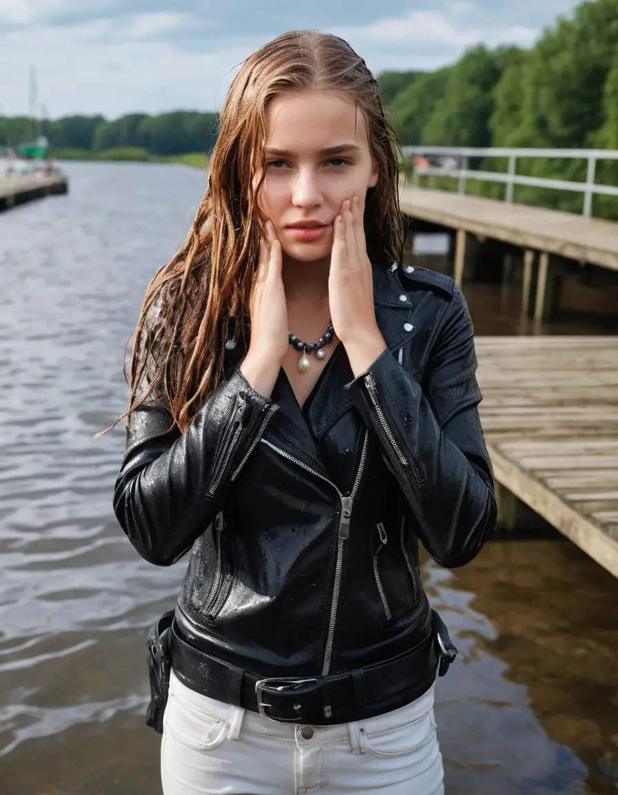 photo of young woman, in soaking wet, drenched clothes,
ankle boots, super skin tight white denim jeans, slim fit black biker leatherjacket,  tight sexy tshirt with wide necklace, handbag, pearl necklace, Fifteen years horny blonde teenage girl with her Friends holds her hand over her mouth and nose posing for a picture on a dock, 
enjoying, wet clothes stuck to body,
detailed textures of the wet clothes, wet face, wet plastered hair,
wet, drenched, professional, high-quality details, full body view.
sharp focus, ultra-high pixel detail, realistic, high-quality, full colors, incredibly detailed, 4k, 8k, 16k, hyper-realistic, RAW photo, masterpiece, ultra-detailed, professionally color graded, professional photograph, Fifteen years old, completely soaked, completely dripping wet from head to toe, very wet clothes, sleek long straight hair, worried and embarrassed facial expression, slight yawn, moaning,  all girls wear different styles of clothes, she takes her handbag with her into the water, a lot of people stands in the background, close-up, view from above, highly realistic representation, ultra sharp focus, highly photorealistic detailed facial features and expressions, highly photorealistic hands, highly best quality, highly sharp photorealistic image, highly photorealistic details, highest photorealistic wet clothes, full UHD resolution, highest photorealistic sharpness of the image, 32 K