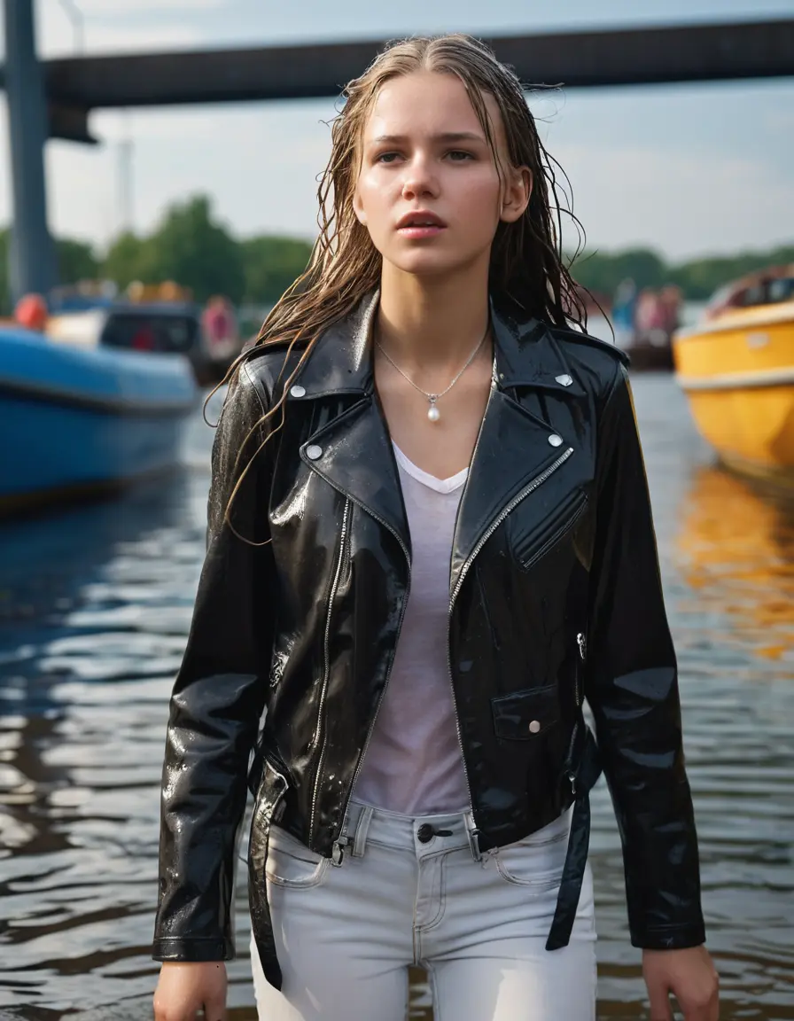 photo of young woman, in soaking wet, drenched clothes,
ankle boots, super skin tight white denim jeans, slim fit black biker leatherjacket,  tight sexy tshirt with wide necklace, handbag, pearl necklace, Fifteen years horny blonde teenage girl with her Friends holds her hand over her mouth and nose posing submerged for a picture on a dock, 
enjoying, wet clothes stuck to body,
detailed textures of the wet clothes, wet face, wet plastered hair,
wet, drenched, professional, high-quality details, full body view.
sharp focus, ultra-high pixel detail, realistic, high-quality, full colors, incredibly detailed, 4k, 8k, 16k, hyper-realistic, RAW photo, masterpiece, ultra-detailed, professionally color graded, professional photograph, Fifteen years old, completely soaked, completely dripping wet from head to toe, very wet clothes, sleek long straight hair, worried and embarrassed facial expression, slight yawn, moaning,  all girls wear different styles of clothes, she takes her handbag with her into the water, a lot of people stands in the background, close-up, view from above, highly realistic representation, ultra sharp focus, highly photorealistic detailed facial features and expressions, highly photorealistic hands, highly best quality, highly sharp photorealistic image, highly photorealistic details, highest photorealistic wet clothes, full UHD resolution, highest photorealistic sharpness of the image, 32 K