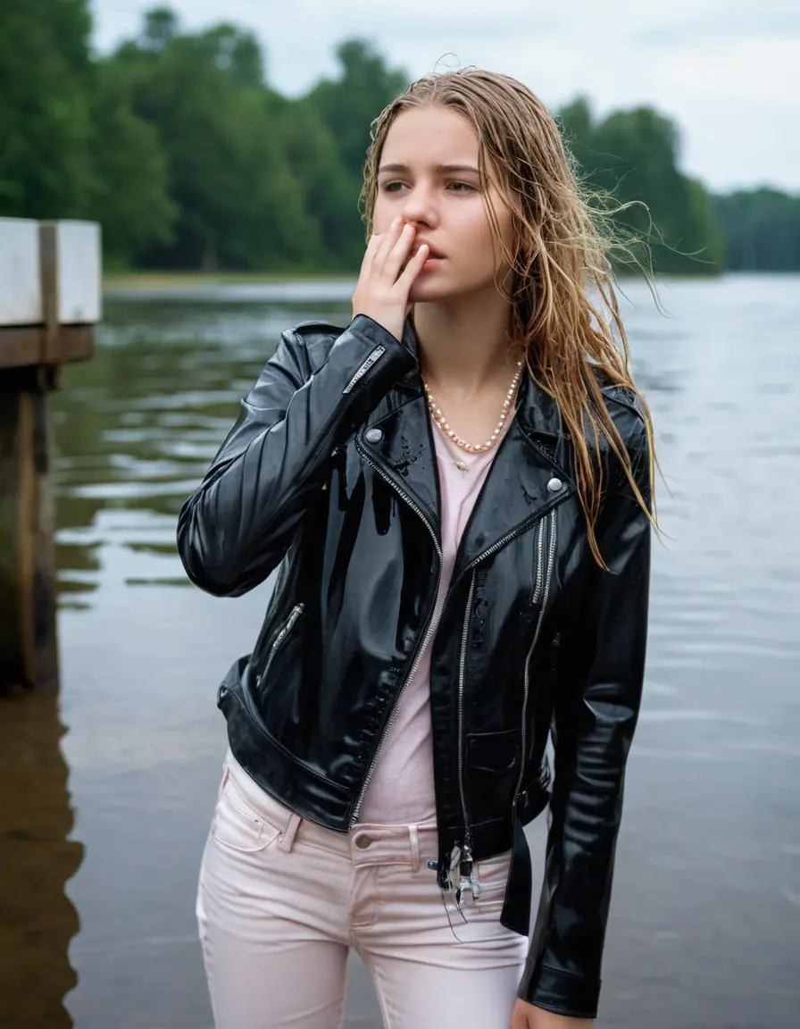 photo of young woman, in soaking wet, drenched clothes,
ankle boots, super skin tight white denim jeans, slim fit black biker leatherjacket,  tight sexy light pink tshirt with wide necklace, handbag, pearl necklace, Fifteen years horny blonde teenage girl with her Friends holds her hand over her mouth and nose posing half submerged into water for a picture on a dock, 
enjoying, wet clothes stuck to body,
detailed textures of the wet clothes, wet face, wet plastered hair,
wet, drenched, professional, high-quality details, full body view.
sharp focus, ultra-high pixel detail, realistic, high-quality, full colors, incredibly detailed, 4k, 8k, 16k, hyper-realistic, RAW photo, masterpiece, ultra-detailed, professionally color graded, professional photograph, Fifteen years old, completely soaked, completely dripping wet from head to toe, very wet clothes, sleek long straight hair, worried and embarrassed facial expression, slight yawn, moaning,  all girls wear different styles of clothes, she takes her handbag with her into the water, a lot of people stands in the background, close-up, view from above, highly realistic representation, ultra sharp focus, highly photorealistic detailed facial features and expressions, highly photorealistic hands, highly best quality, highly sharp photorealistic image, highly photorealistic details, highest photorealistic wet clothes, full UHD resolution, highest photorealistic sharpness of the image, 32 K
