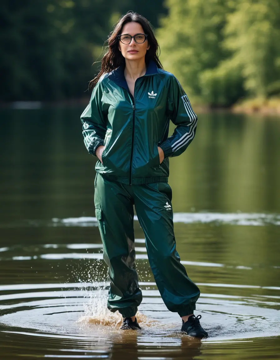 photo of young woman, in soaking wet, drenched clothes,
Sport shoes , long dark green nylon adidas trousers, dark blue green adidas jacket with long sleeves, walking in Sunny Deep lake, 
enjoying, wet clothes stuck to body,
detailed textures of the wet clothes, wet face, wet plastered hair,
wet, drenched, professional, high-quality details, full body view.
sharp focus, ultra-high pixel detail, realistic, high-quality, full colors, incredibly detailed, 4k, 8k, 16k, hyper-realistic, RAW photo, masterpiece, ultra-detailed, professionally color graded, professional photograph, woman 51 years old, long black hair, very big and thick lips, office light glasses, complete body, open mouth