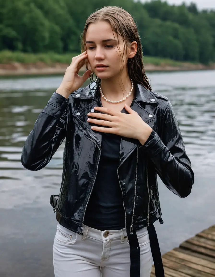 photo of young woman, in soaking wet, drenched clothes,
ankle boots, super skin tight white denim jeans, slim fit black biker leatherjacket,  tight sexy tshirt with wide necklace, handbag, pearl necklace, Fifteen years horny blonde teenage girl with her Friends holds her hand over her mouth and nose posing submerged for a picture on a dock, 
enjoying, wet clothes stuck to body,
detailed textures of the wet clothes, wet face, wet plastered hair,
wet, drenched, professional, high-quality details, full body view.
sharp focus, ultra-high pixel detail, realistic, high-quality, full colors, incredibly detailed, 4k, 8k, 16k, hyper-realistic, RAW photo, masterpiece, ultra-detailed, professionally color graded, professional photograph, Fifteen years old, completely soaked, completely dripping wet from head to toe, very wet clothes, sleek long straight hair, worried and embarrassed facial expression, slight yawn, moaning,  all girls wear different styles of clothes, she takes her handbag with her into the water, a lot of people stands in the background, close-up, view from above, highly realistic representation, ultra sharp focus, highly photorealistic detailed facial features and expressions, highly photorealistic hands, highly best quality, highly sharp photorealistic image, highly photorealistic details, highest photorealistic wet clothes, full UHD resolution, highest photorealistic sharpness of the image, 32 K