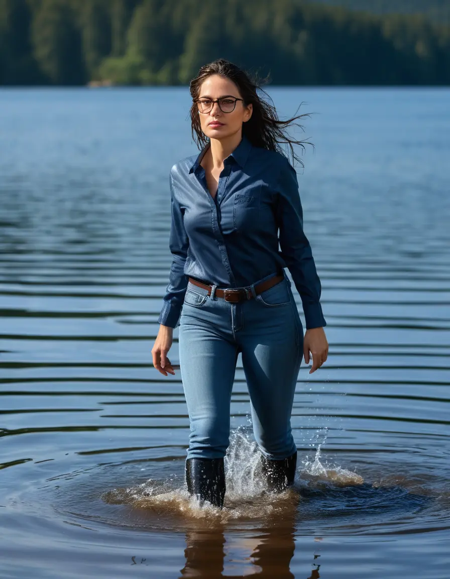 photo of young woman, in soaking wet, drenched clothes,
Sport shoes , long light blue tight jeans, Dark blue jeans shirt with long sleeves , walking in Sunny Deep lake, 
enjoying, wet clothes stuck to body,
detailed textures of the wet clothes, wet face, wet plastered hair,
wet, drenched, professional, high-quality details, full body view.
sharp focus, ultra-high pixel detail, realistic, high-quality, full colors, incredibly detailed, 4k, 8k, 16k, hyper-realistic, RAW photo, masterpiece, ultra-detailed, professionally color graded, professional photograph, woman 51 years old, long dark brown hair, very big and thick lips, office glasses, complete body