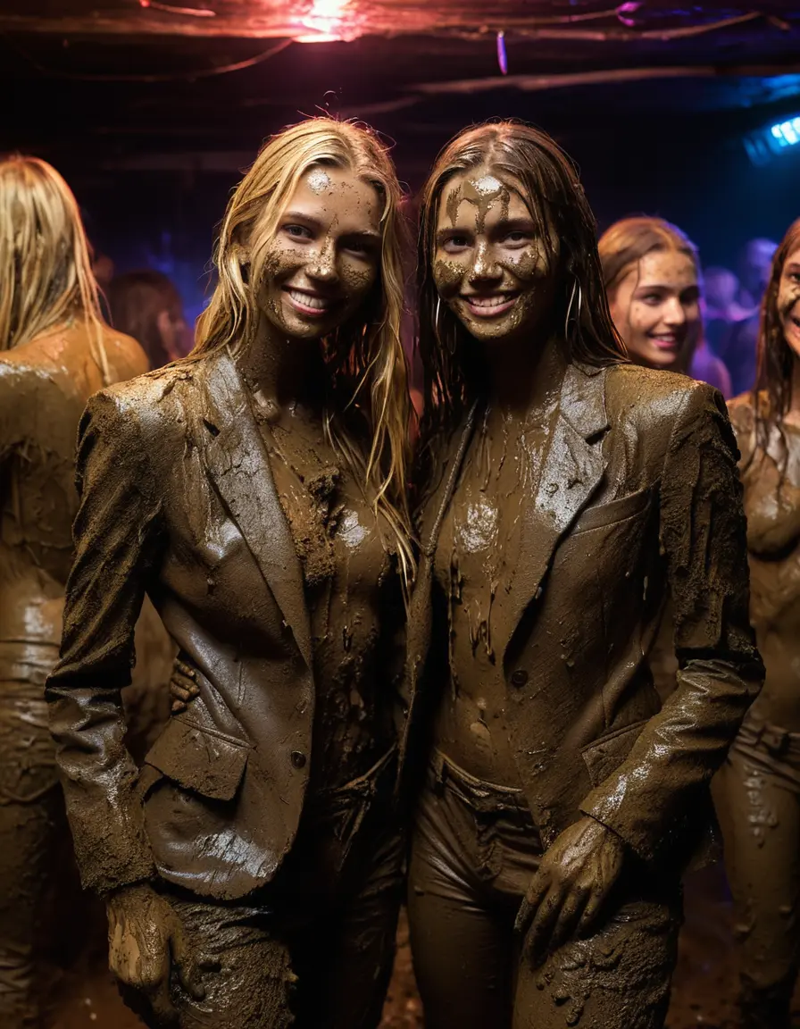 photo of young woman, in soaking wet, drenched clothes,
Muddy high heels, Long very muddy suit pants, Full muddy ruined fully-opened unbuttoned blazer like a fancy uniform over topless exposed small boobs., Dark muddy indoor disco club at night with a very deep mud pool on the dance floor. Mud splashed walls, dripping mud from above, very dark mood lighting with pink and blue neon lights from above., 
enjoying, wet clothes stuck to body,
detailed textures of the wet clothes, wet face, wet plastered hair,
wet, drenched, professional, high-quality details, full body view.
sharp focus, ultra-high pixel detail, realistic, high-quality, full colors, incredibly detailed, 4k, 8k, 16k, hyper-realistic, RAW photo, masterpiece, ultra-detailed, professionally color graded, professional photograph, Two very young-looking pretty cute innocent blonde teen 16 years old beautiful girls are standing together and kissing in a crowded deep muddy pool after a full dip during the crazy muddy indoor disco party at night and posing for a professional photo. Their legs and thighs are below the mud level of the pool. They are proudly wearing their fully and heavily mud-covered unbuttoned and opened suits over their exposed muddy topless small boobs. Thick mud on their blazers and pants. Every small details of the clothes are muddy, muddy beautiful faces, muddy chests and boobs. Their blazer has the same colour as their muddy pants. There are small group of similar muddy clubbing teen girls in the near background. The classy elegant disco club is totally destroyed by mud, mud spots everywhere, mud flows down on the walls, mud on the furnitures in the background. Straight very long open wavy hairstyle, muddy hair, smiling and beautiful muddy faces, blue eyes, earrings, lipstick. The girls are enjoying to being total muddy in the muddy pool, being sexy, naughty while they are enjoying the muddy fetish party. Realistic muddy boobs and photorealistic detailed smiling facial expressions. Intimate close-up picture about the girls. Close-up photo, highly realistic representation, ultra sharp focus, highly photorealistic detailed textures, highly photorealistic detailed facial features and expressions, highly photorealistic hands, highly emotional reactions, highly best quality, highly sharp photorealistic image, highly photorealistic details, full UHD resolution, 32 K, very high level of detail and image sharpness, zoomed in