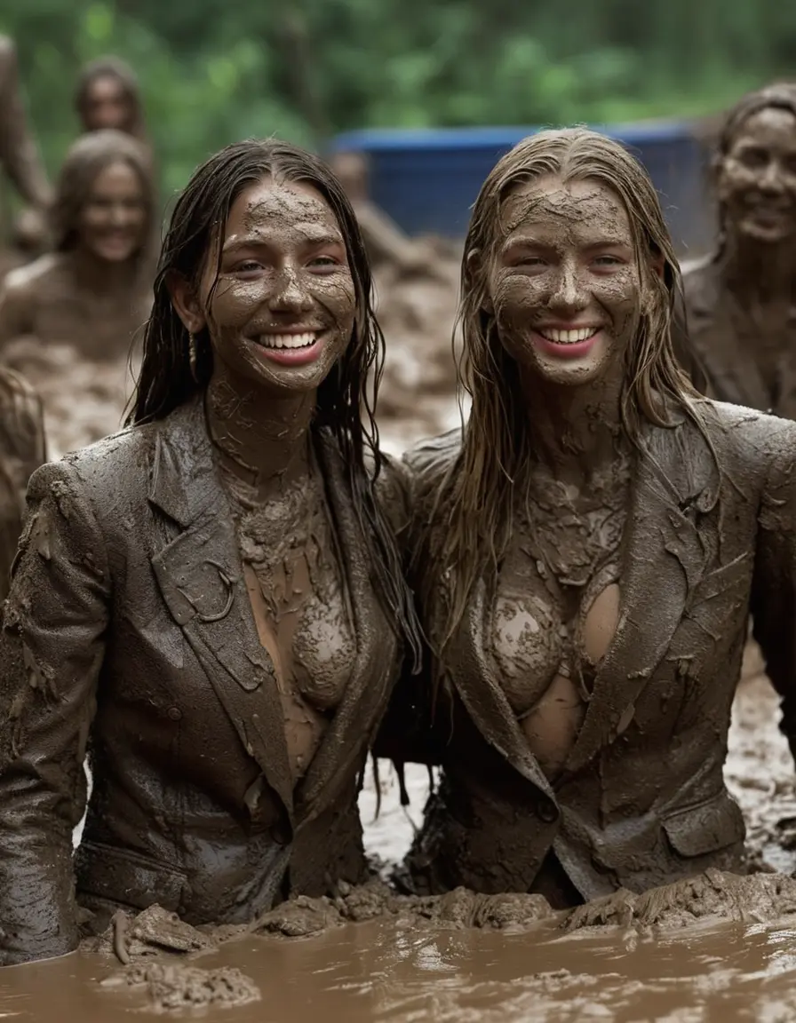 photo of young woman, in soaking wet, drenched clothes,
, Long very muddy suit pants, Full muddy ruined fully-opened unbuttoned blazer like a fancy uniform over topless with too large cleavage and exposed big boobs., Muddy party in a dark muddy indoor disco club. Mud splashed walls, very dark mood lighting with pink and blue neon lights. Muddy furnitures and mud-covered chairs and sofas in the background., 
enjoying, wet clothes stuck to body,
detailed textures of the wet clothes, wet face, wet plastered hair,
wet, drenched, professional, high-quality details, full body view.
sharp focus, ultra-high pixel detail, realistic, high-quality, full colors, incredibly detailed, 4k, 8k, 16k, hyper-realistic, RAW photo, masterpiece, ultra-detailed, professionally color graded, professional photograph, Two young-looking pretty cute innocent blonde teen 15 years old beautiful girls are sitting submerged in a deep muddy hot tub after a full dip in it while they are hugging each other. Their waists are below the mud level. They are wearing their fully and heavily mud-covered unbuttoned and opened suits over their muddy topless boobs. Thick mud on their blazers and pants. Every small details of the clothes are muddy, muddy beautiful faces, muddy chests and boobs. Their blazer has the same colour as their muddy pants. They are proudly wearing their expensive open blazers. The classy elegant disco club is totally destroyed by mud, mud spots everywhere, mud flows down on the walls, mud on the furnitures in the background. Straight very long open wavy hairstyle, muddy hair, smiling and beautiful muddy faces, blue eyes, earrings, lipstick. The girls are enjoying to being total muddy in the muddy hot tub, being sexy, naughty while they are enjoying the muddy fetish party. Realistic muddy boobs and photorealistic detailed smiling facial expressions. Intimate close-up picture about the girls. Close-up photo, highly realistic representation, ultra sharp focus, highly photorealistic detailed textures, highly photorealistic detailed facial features and expressions, highly photorealistic hands, highly emotional reactions, highly best quality, highly sharp photorealistic image, highly photorealistic details, full UHD resolution, 32 K, very high level of detail and image sharpness, zoomed in