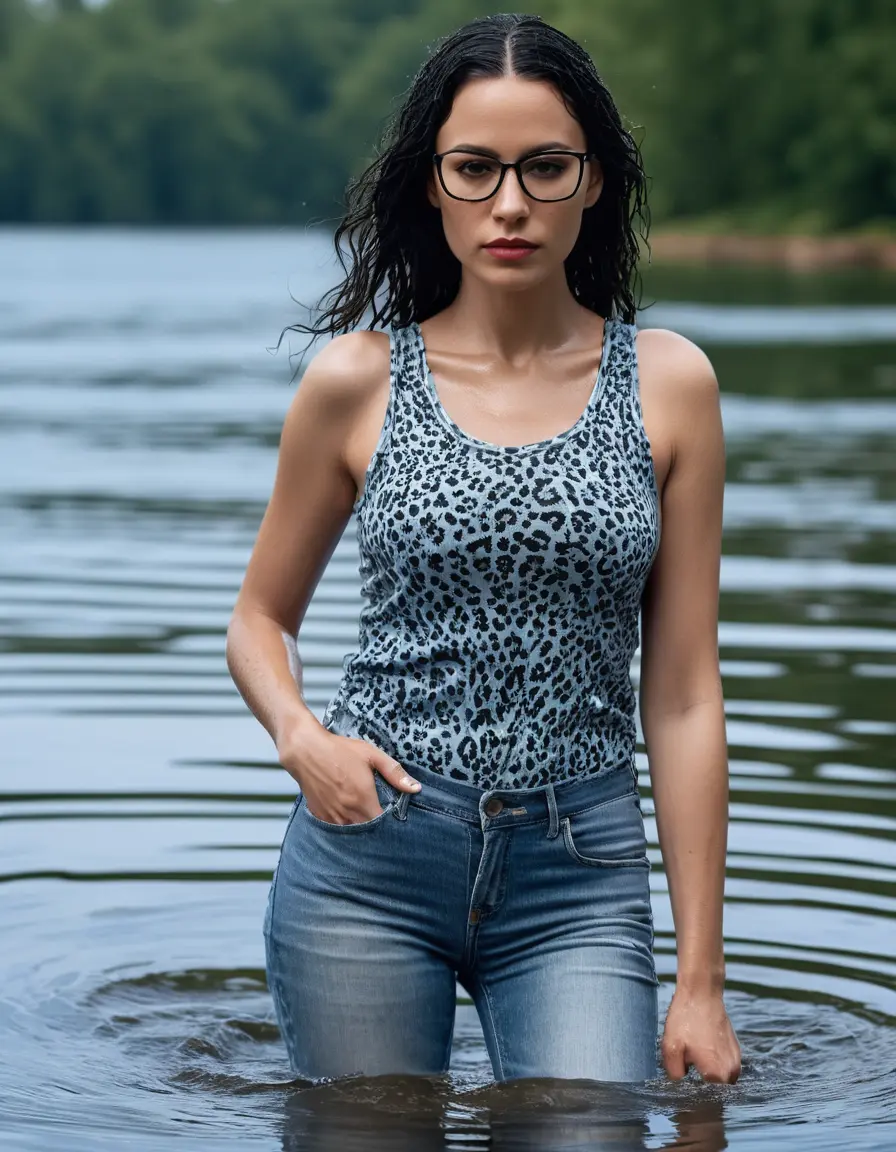 photo of young woman, in soaking wet, drenched clothes,
Stilletto heels, long light blue tight jeans, black and white leopard printed tank top, walking submerged in Sunny Deep lake, 
enjoying, wet clothes stuck to body,
detailed textures of the wet clothes, wet face, wet plastered hair,
wet, drenched, professional, high-quality details, full body view.
sharp focus, ultra-high pixel detail, realistic, high-quality, full colors, incredibly detailed, 4k, 8k, 16k, hyper-realistic, RAW photo, masterpiece, ultra-detailed, professionally color graded, professional photograph, woman 51 years old, long black hair, very big and thick lips, office light glasses, complete body