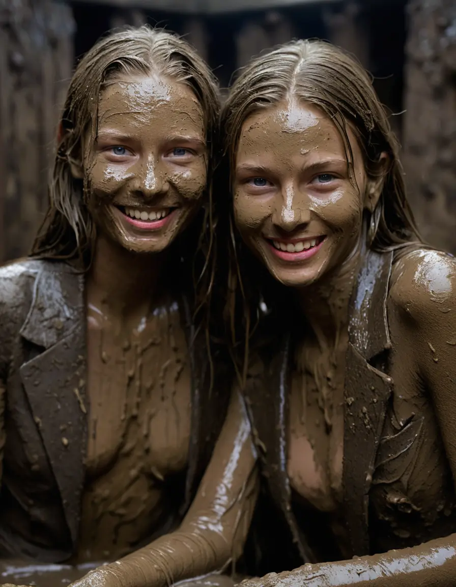 photo of young woman, in soaking wet, drenched clothes,
, Long very muddy suit pants, Full muddy ruined fully-opened unbuttoned blazer like a fancy uniform over topless exposed small boobs., Muddy party in a dark muddy indoor disco club. Mud splashed walls, very dark mood lighting with pink and blue neon lights. Muddy furnitures and mud-covered chairs and sofas in the background., 
enjoying, wet clothes stuck to body,
detailed textures of the wet clothes, wet face, wet plastered hair,
wet, drenched, professional, high-quality details, full body view.
sharp focus, ultra-high pixel detail, realistic, high-quality, full colors, incredibly detailed, 4k, 8k, 16k, hyper-realistic, RAW photo, masterpiece, ultra-detailed, professionally color graded, professional photograph, Two young-looking pretty cute innocent blonde teen 14 years old beautiful girls are sitting submerged in a deep muddy hot tub after a full dip in it while they are hugging each other. Their waists are below the mud level. They are wearing their fully and heavily mud-covered unbuttoned and opened suits over their muddy topless boobs. Thick mud on their blazers and pants. Every small details of the clothes are muddy, muddy beautiful faces, muddy chests and boobs. Their blazer has the same colour as their muddy pants. They are proudly wearing their expensive open blazers. The classy elegant disco club is totally destroyed by mud, mud spots everywhere, mud flows down on the walls, mud on the furnitures in the background. Straight very long open wavy hairstyle, muddy hair, smiling and beautiful muddy faces, blue eyes, earrings, lipstick. The girls are enjoying to being total muddy in the muddy hot tub, being sexy, naughty while they are enjoying the muddy fetish party. Realistic muddy boobs and photorealistic detailed smiling facial expressions. Intimate close-up picture about the girls. Close-up photo, highly realistic representation, ultra sharp focus, highly photorealistic detailed textures, highly photorealistic detailed facial features and expressions, highly photorealistic hands, highly emotional reactions, highly best quality, highly sharp photorealistic image, highly photorealistic details, full UHD resolution, 32 K, very high level of detail and image sharpness, zoomed in