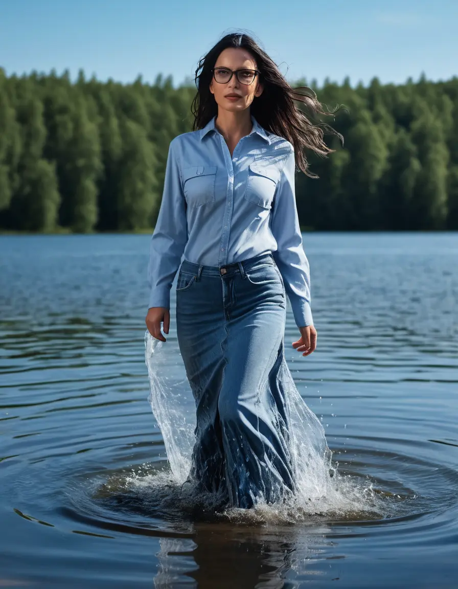 photo of young woman, in soaking wet, drenched clothes,
sport shoes, long flared light blue jeans skirt, blue jeans shirt with long sleeves, walking submerged in sunny deep lake, 
enjoying, wet clothes stuck to body,
detailed textures of the wet clothes, wet face, wet plastered hair,
wet, drenched, professional, high-quality details, full body view.
sharp focus, ultra-high pixel detail, realistic, high-quality, full colors, incredibly detailed, 4k, 8k, 16k, hyper-realistic, RAW photo, masterpiece, ultra-detailed, professionally color graded, professional photograph, mature woman, 51 years old, complete body, long black hair, very big lips, office glasses