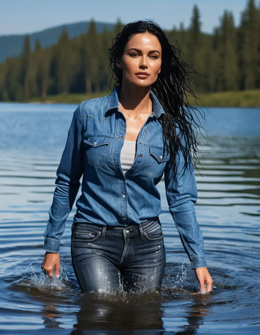 photo of young woman, in soaking wet, drenched clothes,
sport shoes, long tight blue jeans, blue jeans shirt with long sleeves, walking in sunny deep lake, 
enjoying, wet clothes stuck to body,
detailed textures of the wet clothes, wet face, wet plastered hair,
wet, drenched, professional, high-quality details, full body view.
sharp focus, ultra-high pixel detail, realistic, high-quality, full colors, incredibly detailed, 4k, 8k, 16k, hyper-realistic, RAW photo, masterpiece, ultra-detailed, professionally color graded, professional photograph, mature woman, 51 years old, complete body, long black hair, very big lips
