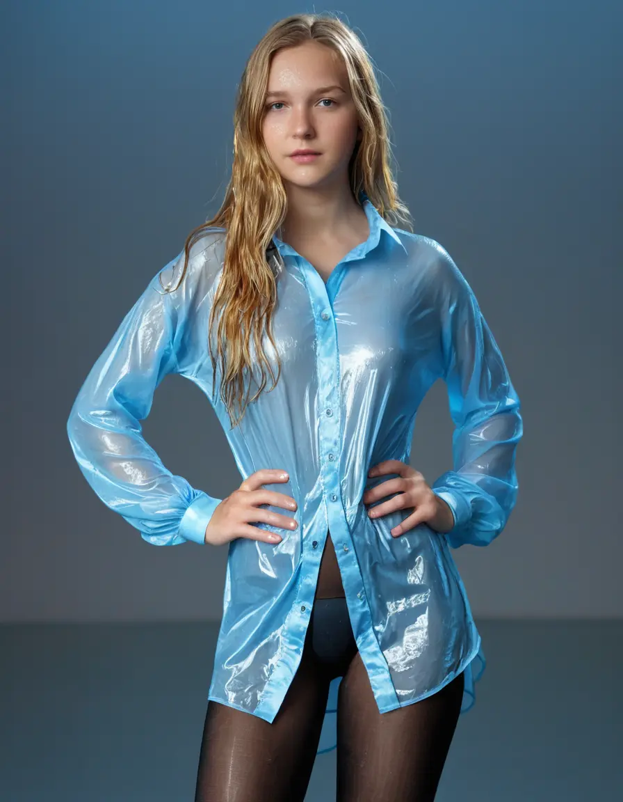 photo of young woman, in soaking wet, drenched clothes,
soaked trought, long black pantyhose, soaked trought, long black pantyhose, soaked trought fully opened light blue tight satin shirt, Girl 14 years old, pear shaped body, standing in the film studio, 
enjoying, wet clothes stuck to body,
detailed textures of the wet clothes, wet face, wet plastered hair,
wet, drenched, professional, high-quality details, full body view.
sharp focus, ultra-high pixel detail, realistic, high-quality, full colors, incredibly detailed, 4k, 8k, 16k, hyper-realistic, RAW photo, masterpiece, ultra-detailed, professionally color graded, professional photograph, no underwear, no censored, long blond open hair