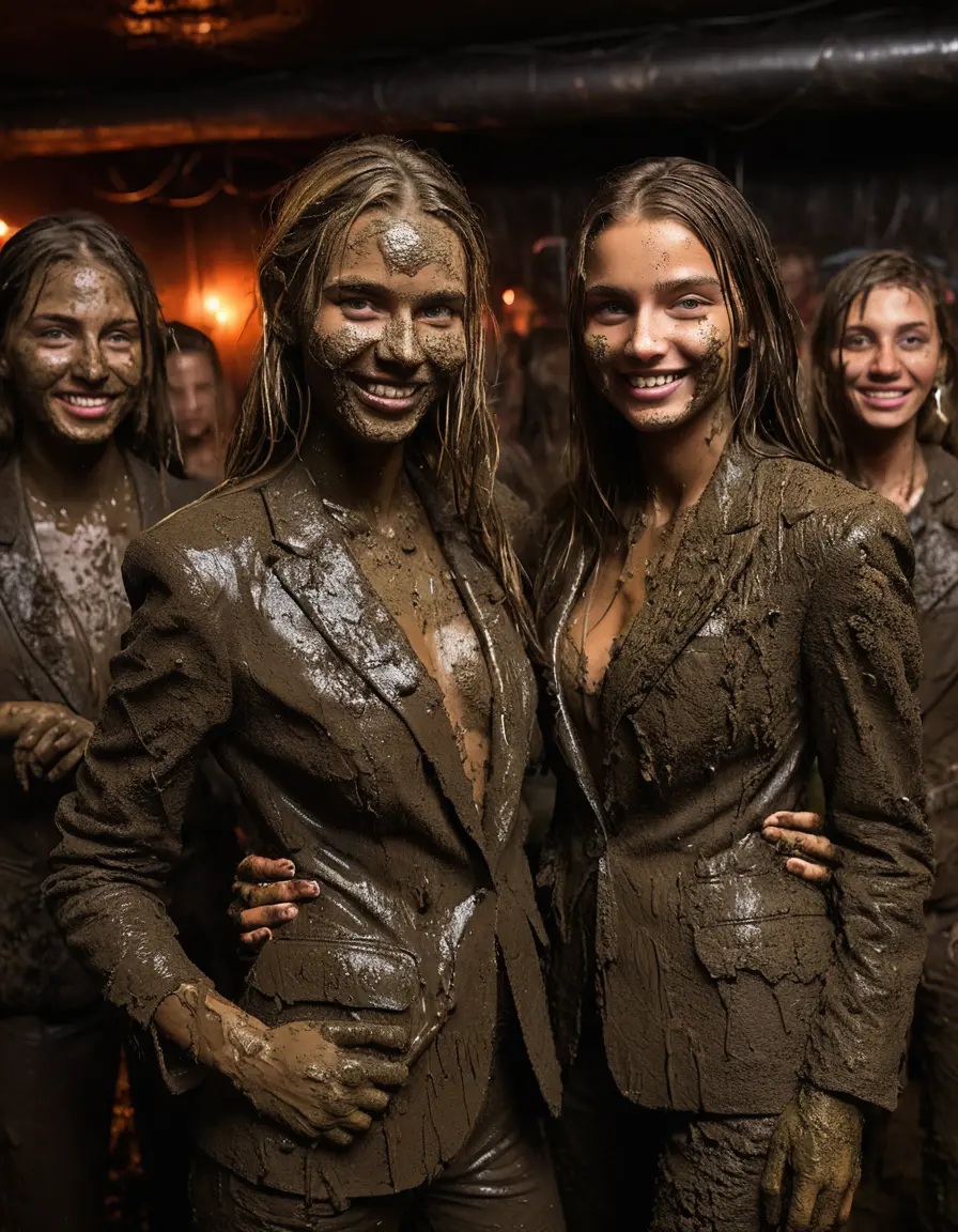 photo of young woman, in soaking wet, drenched clothes,
Muddy high heels, Long very muddy suit pants, Full muddy ruined fully-opened unbuttoned blazer like a fancy uniform over topless exposed small boobs., Dark muddy indoor disco club at night with a mud-filled deep pool on the dance floor. Mud splashed walls, very dark mood lighting with pink and blue neon lights. Muddy furnitures and mud-covered chairs and sofas in the background., 
enjoying, wet clothes stuck to body,
detailed textures of the wet clothes, wet face, wet plastered hair,
wet, drenched, professional, high-quality details, full body view.
sharp focus, ultra-high pixel detail, realistic, high-quality, full colors, incredibly detailed, 4k, 8k, 16k, hyper-realistic, RAW photo, masterpiece, ultra-detailed, professionally color graded, professional photograph, Two young-looking pretty cute innocent blonde teen 16 years old beautiful girls are playing together in a crowded deep muddy pool after a full dip in it while they are hugging each other during the muddy indoor disco party at night. Their waists are below the mud level. They are proudly wearing their fully and heavily mud-covered unbuttoned and opened suits over their muddy topless small boobs. Thick mud on their blazers and pants. Every small details of the clothes are muddy, muddy beautiful faces, muddy chests and boobs. Their blazer has the same colour as their muddy pants. There are small group of similar muddy clubbing teen girls in the near background. The classy elegant disco club is totally destroyed by mud, mud spots everywhere, mud flows down on the walls, mud on the furnitures in the background. Straight very long open wavy hairstyle, muddy hair, smiling and beautiful muddy faces, blue eyes, earrings, lipstick. The girls are enjoying to being total muddy in the muddy pool, being sexy, naughty while they are enjoying the muddy fetish party. Realistic muddy boobs and photorealistic detailed smiling facial expressions. Intimate close-up picture about the girls. Close-up photo, highly realistic representation, ultra sharp focus, highly photorealistic detailed textures, highly photorealistic detailed facial features and expressions, highly photorealistic hands, highly emotional reactions, highly best quality, highly sharp photorealistic image, highly photorealistic details, full UHD resolution, 32 K, very high level of detail and image sharpness, zoomed in