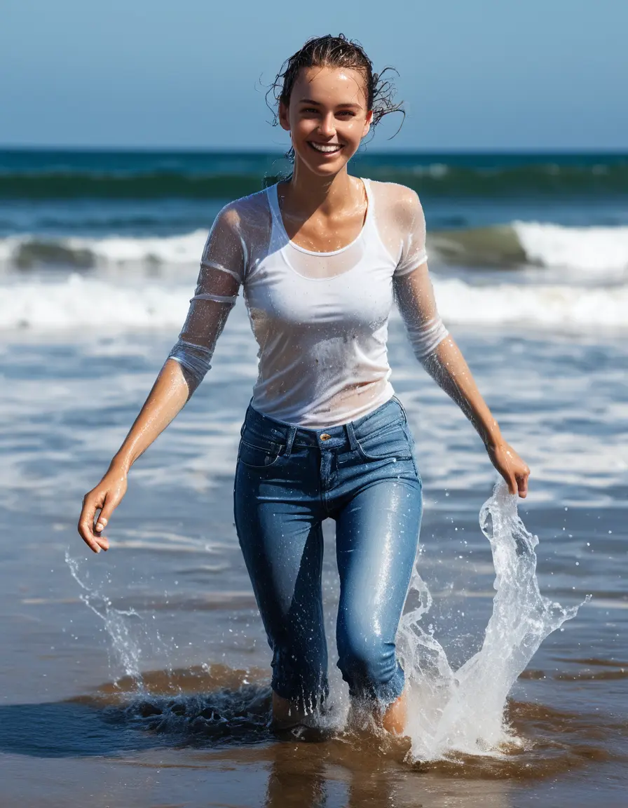 photo of young woman, in soaking wet, drenched clothes,
White sneakers , Drenched wet Glistening long Skinny blue jeans , Transparent White top, Beach small waves, 
enjoying, wet clothes stuck to body,
detailed textures of the wet clothes, wet face, wet plastered hair,
wet, drenched, professional, high-quality details, full body view.
sharp focus, ultra-high pixel detail, realistic, high-quality, full colors, incredibly detailed, 4k, 8k, 16k, hyper-realistic, RAW photo, masterpiece, ultra-detailed, professionally color graded, professional photograph, Two Smiling Skandinavien Athletic Woman Splashing in knee deep water 