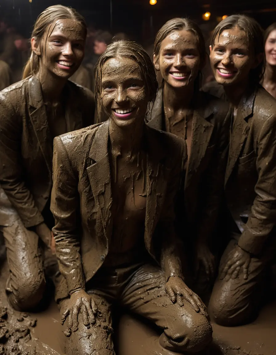 photo of young woman, in soaking wet, drenched clothes,
Muddy high heels, Long very muddy suit pants, Full muddy ruined fully-opened unbuttoned blazer like a fancy uniform over topless exposed small boobs., Dark muddy indoor disco club at night with a mud-filled deep pool on the dance floor. Mud splashed walls, very dark mood lighting with pink and blue neon lights from above. Muddy chairs and sofas in the background., 
enjoying, wet clothes stuck to body,
detailed textures of the wet clothes, wet face, wet plastered hair,
wet, drenched, professional, high-quality details, full body view.
sharp focus, ultra-high pixel detail, realistic, high-quality, full colors, incredibly detailed, 4k, 8k, 16k, hyper-realistic, RAW photo, masterpiece, ultra-detailed, professionally color graded, professional photograph, Two very young-looking pretty cute innocent blonde teen 18 years old beautiful girls are kneeling down together in a crowded knee-deep muddy pool after a full dip during the crazy muddy indoor disco party at night for a professional photo. Their knees are below the mud level. They are proudly wearing their fully and heavily mud-covered unbuttoned and opened suits over their muddy topless small boobs. Thick mud on their blazers and pants. Every small details of the clothes are muddy, muddy beautiful faces, muddy chests and boobs. Their blazer has the same colour as their muddy pants. There are small group of similar muddy clubbing teen girls in the near background. The classy elegant disco club is totally destroyed by mud, mud spots everywhere, mud flows down on the walls, mud on the furnitures in the background. Straight very long open wavy hairstyle, muddy hair, smiling and beautiful muddy faces, blue eyes, earrings, lipstick. The girls are enjoying to being total muddy in the muddy pool, being sexy, naughty while they are enjoying the muddy fetish party. Realistic muddy boobs and photorealistic detailed smiling facial expressions. Intimate close-up picture about the girls. Close-up photo, highly realistic representation, ultra sharp focus, highly photorealistic detailed textures, highly photorealistic detailed facial features and expressions, highly photorealistic hands, highly emotional reactions, highly best quality, highly sharp photorealistic image, highly photorealistic details, full UHD resolution, 32 K, very high level of detail and image sharpness, zoomed in