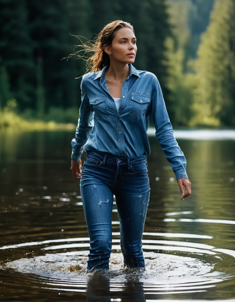 photo of young woman, in soaking wet, drenched clothes,
sport shoes, long tight blue jeans, blue jeans shirt with long sleeves, walking in sunny deep lake, 
enjoying, wet clothes stuck to body,
detailed textures of the wet clothes, wet face, wet plastered hair,
wet, drenched, professional, high-quality details, full body view.
sharp focus, ultra-high pixel detail, realistic, high-quality, full colors, incredibly detailed, 4k, 8k, 16k, hyper-realistic, RAW photo, masterpiece, ultra-detailed, professionally color graded, professional photograph, mature woman, 51 years old, complete body, very big lips