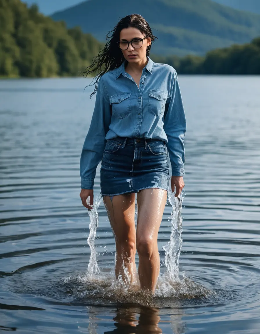 photo of young woman, in soaking wet, drenched clothes,
sport shoes, tight blue jeans skirt, blue jeans shirt with long sleeves, walking submerged in sunny deep lake, 
enjoying, wet clothes stuck to body,
detailed textures of the wet clothes, wet face, wet plastered hair,
wet, drenched, professional, high-quality details, full body view.
sharp focus, ultra-high pixel detail, realistic, high-quality, full colors, incredibly detailed, 4k, 8k, 16k, hyper-realistic, RAW photo, masterpiece, ultra-detailed, professionally color graded, professional photograph, mature woman, 51 years old, complete body, long black hair, very big lips, office glasses