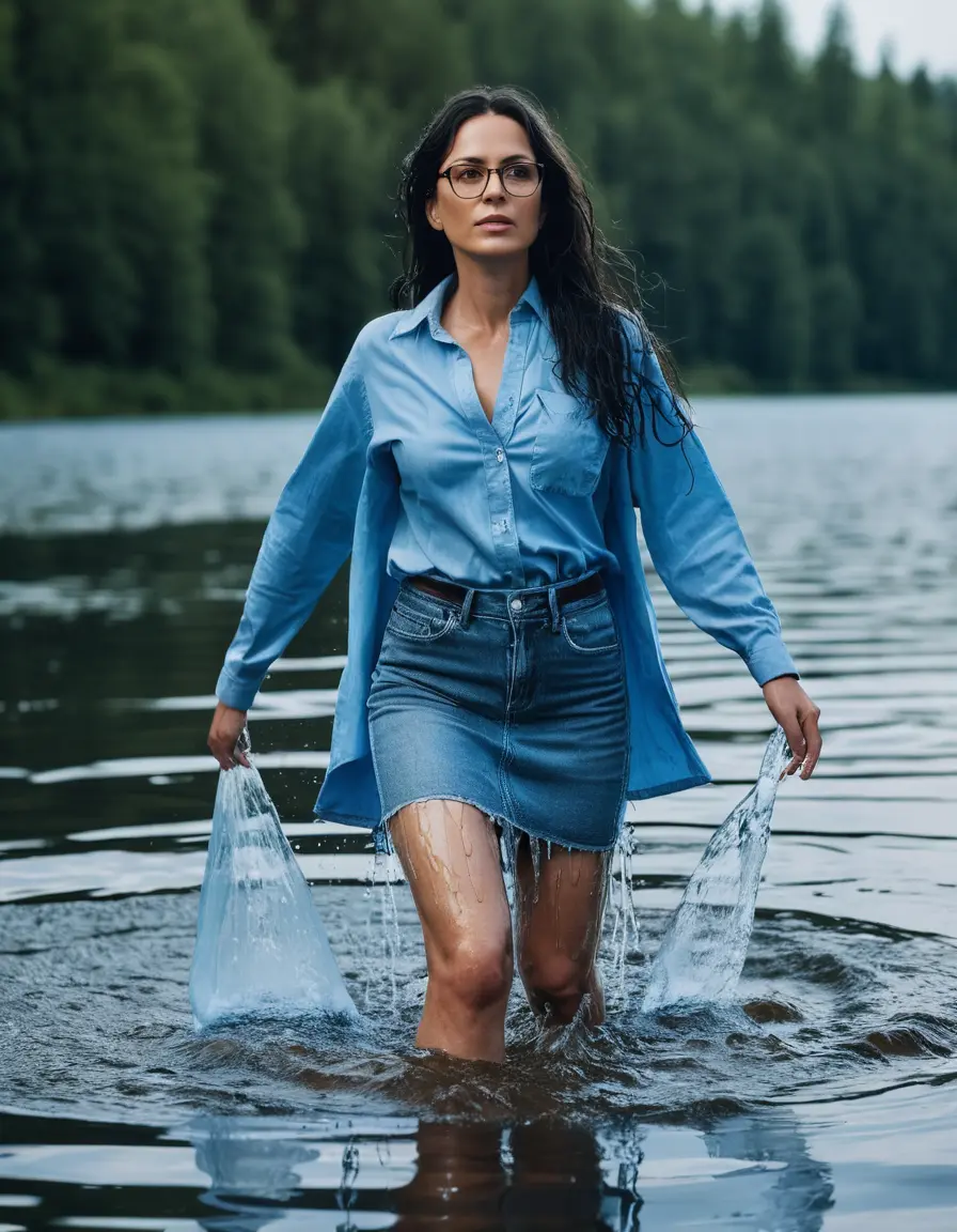 photo of young woman, in soaking wet, drenched clothes,
sport shoes, long flared light blue jeans skirt, blue jeans shirt with long sleeves, walking submerged in sunny deep lake, 
enjoying, wet clothes stuck to body,
detailed textures of the wet clothes, wet face, wet plastered hair,
wet, drenched, professional, high-quality details, full body view.
sharp focus, ultra-high pixel detail, realistic, high-quality, full colors, incredibly detailed, 4k, 8k, 16k, hyper-realistic, RAW photo, masterpiece, ultra-detailed, professionally color graded, professional photograph, mature woman, 51 years old, complete body, long black hair, very big lips, office glasses