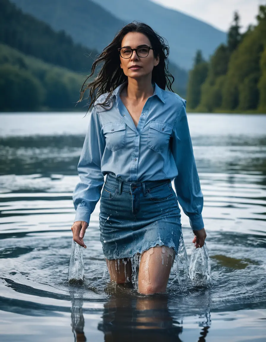 photo of young woman, in soaking wet, drenched clothes,
sport shoes, maxi flared light blue jeans skirt, blue jeans shirt with long sleeves, walking submerged in sunny deep lake, 
enjoying, wet clothes stuck to body,
detailed textures of the wet clothes, wet face, wet plastered hair,
wet, drenched, professional, high-quality details, full body view.
sharp focus, ultra-high pixel detail, realistic, high-quality, full colors, incredibly detailed, 4k, 8k, 16k, hyper-realistic, RAW photo, masterpiece, ultra-detailed, professionally color graded, professional photograph, mature woman, 51 years old, complete body, long black hair, very big lips, office glasses