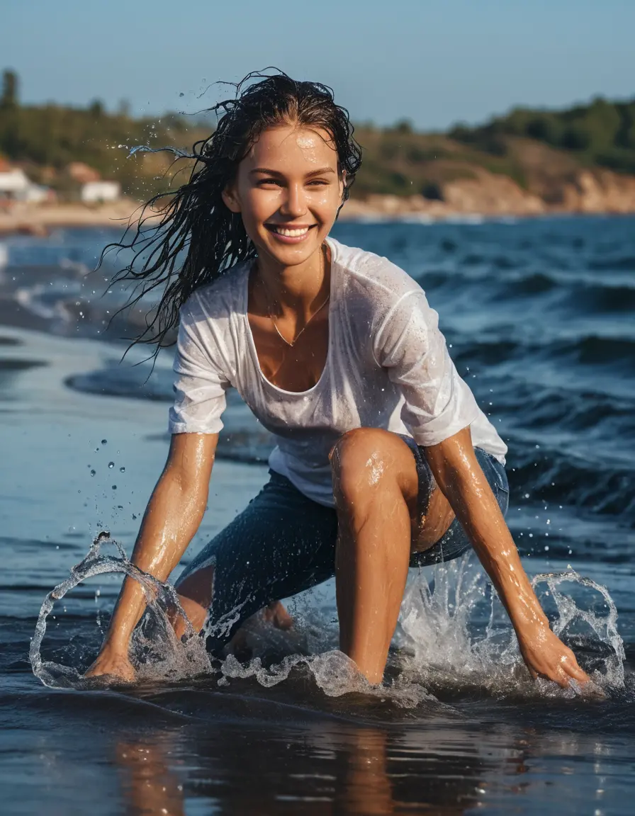 photo of young woman, in soaking wet, drenched clothes,
White sneakers , Wet glistening low rise skinny destroyed dark blue jeans , Transparent White top, Beach small waves, 
enjoying, wet clothes stuck to body,
detailed textures of the wet clothes, wet face, wet plastered hair,
wet, drenched, professional, high-quality details, full body view.
sharp focus, ultra-high pixel detail, realistic, high-quality, full colors, incredibly detailed, 4k, 8k, 16k, hyper-realistic, RAW photo, masterpiece, ultra-detailed, professionally color graded, professional photograph, Two Smiling Skandinavien Athletic Woman Splashing in knee deep water 