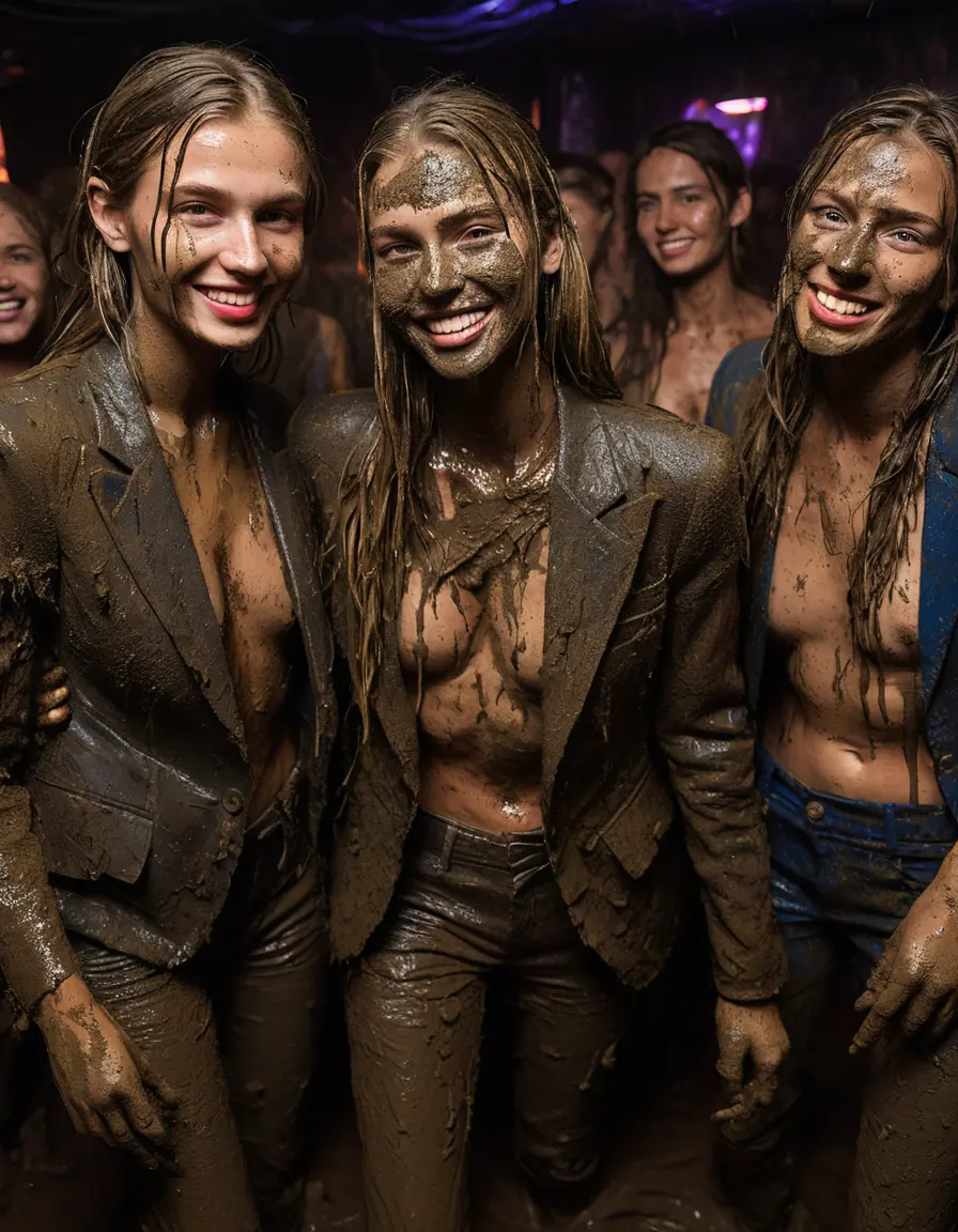 photo of young woman, in soaking wet, drenched clothes,
Muddy high heels, Long very muddy suit pants, Full muddy ruined fully-opened unbuttoned blazer like a fancy uniform over topless exposed small boobs., Dark muddy indoor disco club at night with a mud-filled deep pool on the dance floor. Mud splashed walls, very dark mood lighting with pink and blue neon lights from above. Muddy chairs and sofas in the background., 
enjoying, wet clothes stuck to body,
detailed textures of the wet clothes, wet face, wet plastered hair,
wet, drenched, professional, high-quality details, full body view.
sharp focus, ultra-high pixel detail, realistic, high-quality, full colors, incredibly detailed, 4k, 8k, 16k, hyper-realistic, RAW photo, masterpiece, ultra-detailed, professionally color graded, professional photograph, Two very young-looking pretty cute innocent blonde teen 18 years old beautiful girls are stomping together in a crowded thigh-deep muddy pool after a full dip during the crazy muddy indoor disco party at night for a professional photo. Their knees are below the mud level. They are proudly wearing their fully and heavily mud-covered unbuttoned and opened suits over their muddy topless small boobs. Thick mud on their blazers and pants. Every small details of the clothes are muddy, muddy beautiful faces, muddy chests and boobs. Their blazer has the same colour as their muddy pants. There are small group of similar muddy clubbing teen girls in the near background. The classy elegant disco club is totally destroyed by mud, mud spots everywhere, mud flows down on the walls, mud on the furnitures in the background. Straight very long open wavy hairstyle, muddy hair, smiling and beautiful muddy faces, blue eyes, earrings, lipstick. The girls are enjoying to being total muddy in the muddy pool, being sexy, naughty while they are enjoying the muddy fetish party. Realistic muddy boobs and photorealistic detailed smiling facial expressions. Intimate close-up picture about the girls. Close-up photo, highly realistic representation, ultra sharp focus, highly photorealistic detailed textures, highly photorealistic detailed facial features and expressions, highly photorealistic hands, highly emotional reactions, highly best quality, highly sharp photorealistic image, highly photorealistic details, full UHD resolution, 32 K, very high level of detail and image sharpness, zoomed in