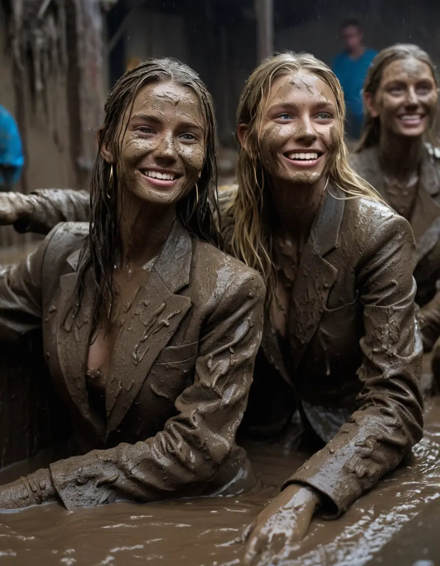 photo of young woman, in soaking wet, drenched clothes,
, Long very muddy suit pants, Full muddy ruined fully-opened unbuttoned blazer like a fancy uniform over topless with too large cleavage and exposed big boobs., Muddy party in a dark muddy indoor disco club. Mud splashed walls, very dark mood lighting with pink and blue neon lights. Muddy furnitures and mud-covered chairs and sofas in the background., 
enjoying, wet clothes stuck to body,
detailed textures of the wet clothes, wet face, wet plastered hair,
wet, drenched, professional, high-quality details, full body view.
sharp focus, ultra-high pixel detail, realistic, high-quality, full colors, incredibly detailed, 4k, 8k, 16k, hyper-realistic, RAW photo, masterpiece, ultra-detailed, professionally color graded, professional photograph, Two young-looking pretty cute innocent blonde teen 16 years old beautiful girls are sitting submerged in a deep muddy hot tub after a full dip in it while they are hugging each other. Their waists are below the mud level. They are wearing their fully and heavily mud-covered opened suits with too large and wide cleavages. Thick mud on their blazers. Every small details of the clothes are muddy, muddy faces, muddy chests and boobs. Their blazer has the same colour as their muddy pants. They are proudly wearing their expensive open blazers and flaunting their large cleavages. The classy elegant disco club is totally destroyed by mud, mud spots everywhere, mud flows down on the walls, mud on the furnitures in the background. Straight very long open wavy hairstyle, muddy hair, smiling and beautiful muddy childish faces, blue eyes, earrings, lipstick. The girls are enjoying to being total muddy in the muddy hot tub, being sexy, naughty while they are enjoying the muddy fetish party. Realistic muddy boobs and photorealistic detailed smiling facial expressions. Intimate close-up picture about the girls. Close-up photo, highly realistic representation, ultra sharp focus, highly photorealistic detailed textures, highly photorealistic detailed facial features and expressions, highly photorealistic hands, highly emotional reactions, highly best quality, highly sharp photorealistic image, highly photorealistic details, full UHD resolution, 32 K, very high level of detail and image sharpness, zoomed in