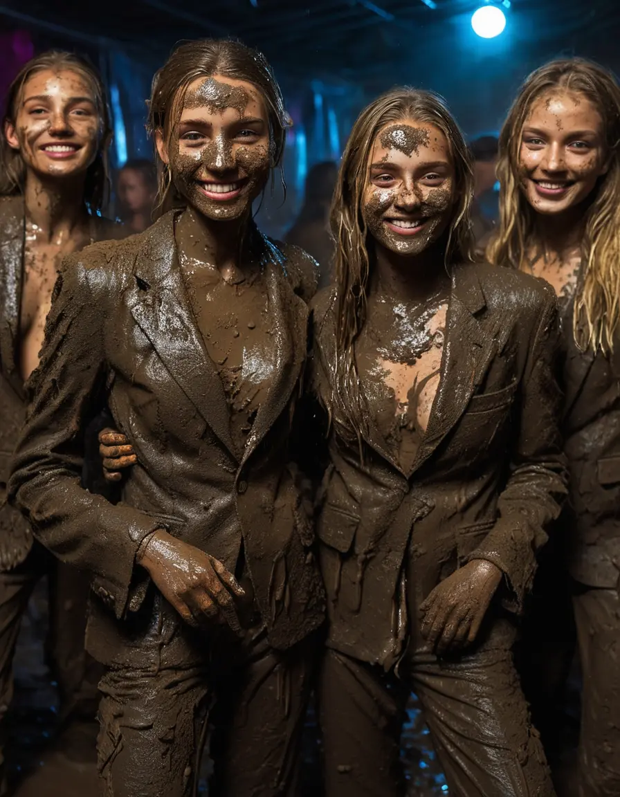 photo of young woman, in soaking wet, drenched clothes,
Muddy high heels, Long very muddy suit pants, Full muddy ruined fully-opened unbuttoned blazer like a fancy uniform over topless exposed small boobs., Dark muddy indoor disco club at night with a mud-filled deep pool on the dance floor. Mud splashed walls, very dark mood lighting with pink and blue neon lights from above. Muddy chairs and sofas in the background., 
enjoying, wet clothes stuck to body,
detailed textures of the wet clothes, wet face, wet plastered hair,
wet, drenched, professional, high-quality details, full body view.
sharp focus, ultra-high pixel detail, realistic, high-quality, full colors, incredibly detailed, 4k, 8k, 16k, hyper-realistic, RAW photo, masterpiece, ultra-detailed, professionally color graded, professional photograph, Two very young-looking pretty cute innocent blonde teen 18 years old beautiful girls are dancing together in a crowded deep muddy pool after a full dip during the crazy muddy indoor disco party at night and splashing each other with liquid mud. Their knees are below the mud level. They are proudly wearing their fully and heavily mud-covered unbuttoned and opened suits over their muddy topless small boobs. Thick mud on their blazers and pants. Every small details of the clothes are muddy, muddy beautiful faces, muddy chests and boobs. Their blazer has the same colour as their muddy pants. There are small group of similar muddy clubbing teen girls in the near background. The classy elegant disco club is totally destroyed by mud, mud spots everywhere, mud flows down on the walls, mud on the furnitures in the background. Straight very long open wavy hairstyle, muddy hair, smiling and beautiful muddy faces, blue eyes, earrings, lipstick. The girls are enjoying to being total muddy in the muddy pool, being sexy, naughty while they are enjoying the muddy fetish party. Realistic muddy boobs and photorealistic detailed smiling facial expressions. Intimate close-up picture about the girls. Close-up photo, highly realistic representation, ultra sharp focus, highly photorealistic detailed textures, highly photorealistic detailed facial features and expressions, highly photorealistic hands, highly emotional reactions, highly best quality, highly sharp photorealistic image, highly photorealistic details, full UHD resolution, 32 K, very high level of detail and image sharpness, zoomed in
