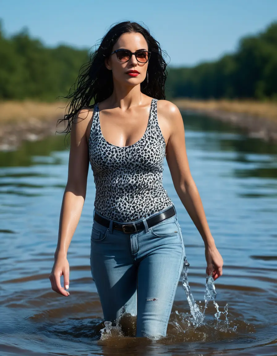 photo of young woman, in soaking wet, drenched clothes,
Stilletto heels, long light blue tight jeans, black and white leopard printed tank top, walking submerged in Sunny Deep lake, 
enjoying, wet clothes stuck to body,
detailed textures of the wet clothes, wet face, wet plastered hair,
wet, drenched, professional, high-quality details, full body view.
sharp focus, ultra-high pixel detail, realistic, high-quality, full colors, incredibly detailed, 4k, 8k, 16k, hyper-realistic, RAW photo, masterpiece, ultra-detailed, professionally color graded, professional photograph, woman 51 years old, long black hair, very big and thick lips, office light glasses, complete body