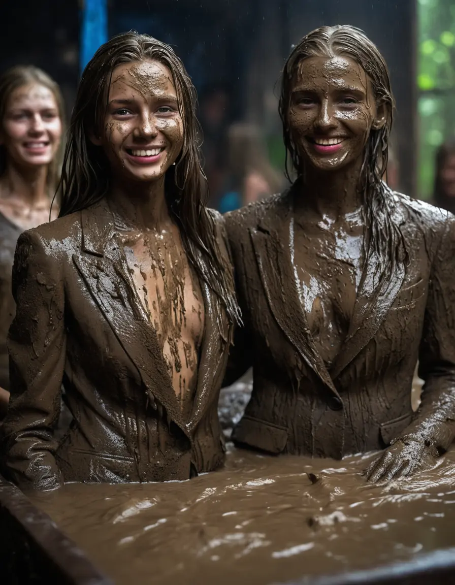 photo of young woman, in soaking wet, drenched clothes,
, Long very muddy suit pants, Full muddy ruined fully-opened unbuttoned blazer like a fancy uniform over topless exposed small boobs., Muddy party in a dark muddy indoor disco club. Mud splashed walls, very dark mood lighting with pink and blue neon lights. Muddy furnitures and mud-covered chairs and sofas in the background., 
enjoying, wet clothes stuck to body,
detailed textures of the wet clothes, wet face, wet plastered hair,
wet, drenched, professional, high-quality details, full body view.
sharp focus, ultra-high pixel detail, realistic, high-quality, full colors, incredibly detailed, 4k, 8k, 16k, hyper-realistic, RAW photo, masterpiece, ultra-detailed, professionally color graded, professional photograph, Two young-looking pretty cute innocent blonde teen 14 years old beautiful girls are sitting submerged in a deep muddy hot tub after a full dip in it while they are hugging each other. Their waists are below the mud level. They are wearing their fully and heavily mud-covered unbuttoned and opened suits over their muddy topless boobs. Thick mud on their blazers and pants. Every small details of the clothes are muddy, muddy beautiful faces, muddy chests and boobs. Their blazer has the same colour as their muddy pants. They are proudly wearing their expensive open blazers. The classy elegant disco club is totally destroyed by mud, mud spots everywhere, mud flows down on the walls, mud on the furnitures in the background. Straight very long open wavy hairstyle, muddy hair, smiling and beautiful muddy faces, blue eyes, earrings, lipstick. The girls are enjoying to being total muddy in the muddy hot tub, being sexy, naughty while they are enjoying the muddy fetish party. Realistic muddy boobs and photorealistic detailed smiling facial expressions. Intimate close-up picture about the girls. Close-up photo, highly realistic representation, ultra sharp focus, highly photorealistic detailed textures, highly photorealistic detailed facial features and expressions, highly photorealistic hands, highly emotional reactions, highly best quality, highly sharp photorealistic image, highly photorealistic details, full UHD resolution, 32 K, very high level of detail and image sharpness, zoomed in