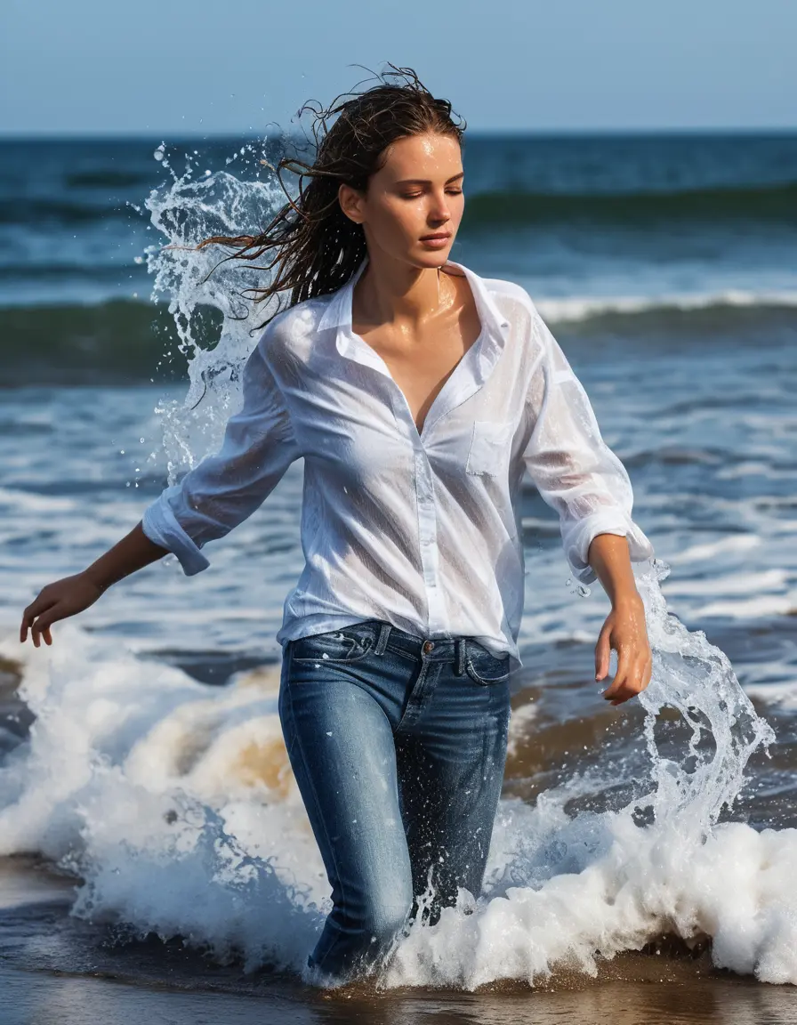 photo of young woman, in soaking wet, drenched clothes,
White sneakers , Skinny blue jeans, White top, Beach small waves, 
enjoying, wet clothes stuck to body,
detailed textures of the wet clothes, wet face, wet plastered hair,
wet, drenched, professional, high-quality details, full body view.
sharp focus, ultra-high pixel detail, realistic, high-quality, full colors, incredibly detailed, 4k, 8k, 16k, hyper-realistic, RAW photo, masterpiece, ultra-detailed, professionally color graded, professional photograph, Splashing in knee deep water 
