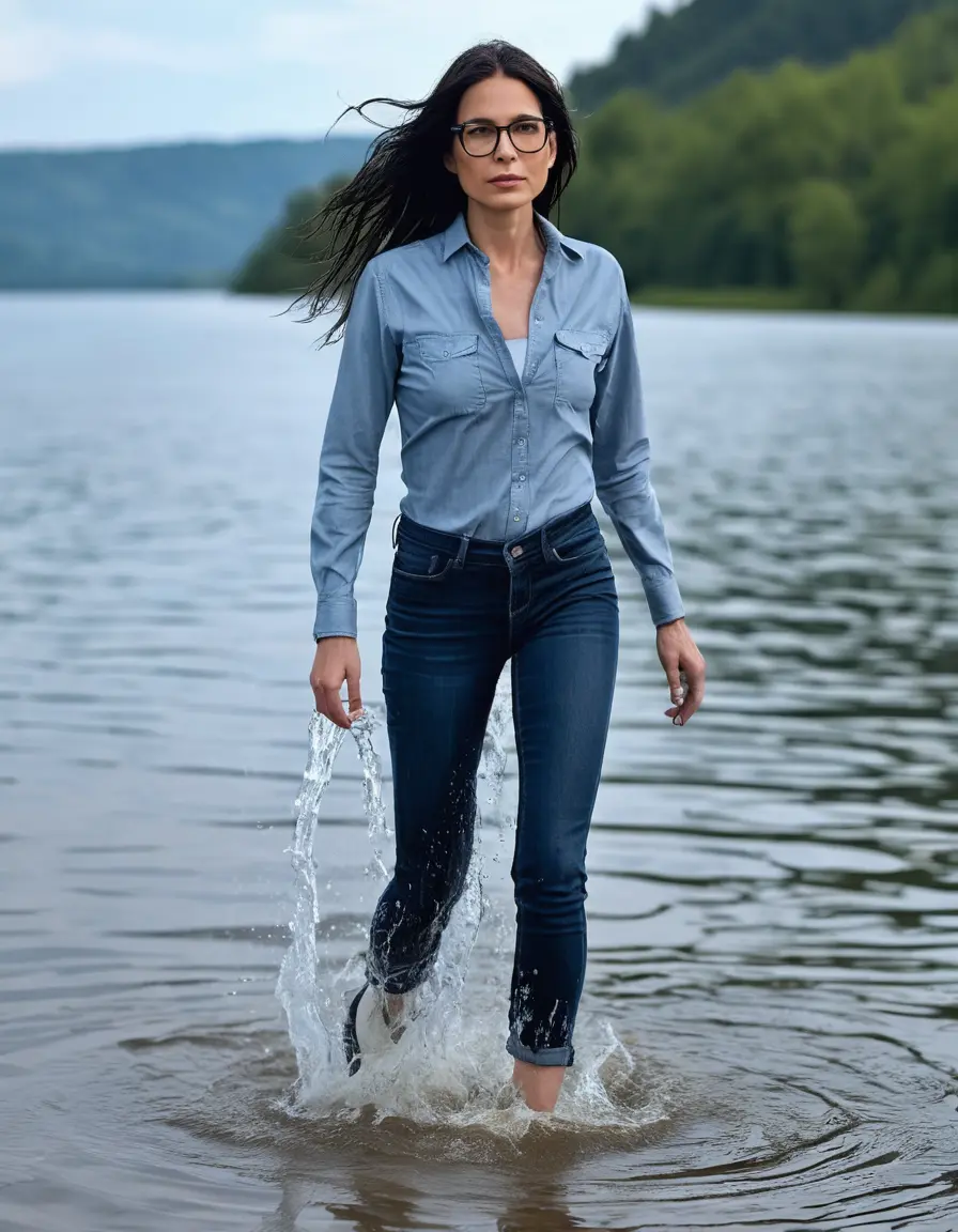 photo of young woman, in soaking wet, drenched clothes,
sneaker, light blue wet tight jeans , dark blue jeans shirt with long sleeves, woman walking in sunny lake, sunny day, 
enjoying, wet clothes stuck to body,
detailed textures of the wet clothes, wet face, wet plastered hair,
wet, drenched, professional, high-quality details, full body view.
sharp focus, ultra-high pixel detail, realistic, high-quality, full colors, incredibly detailed, 4k, 8k, 16k, hyper-realistic, RAW photo, masterpiece, ultra-detailed, professionally color graded, professional photograph, woman 51 years old, black long and straight hair, complete body, very big lips, office light glasses, open mouth