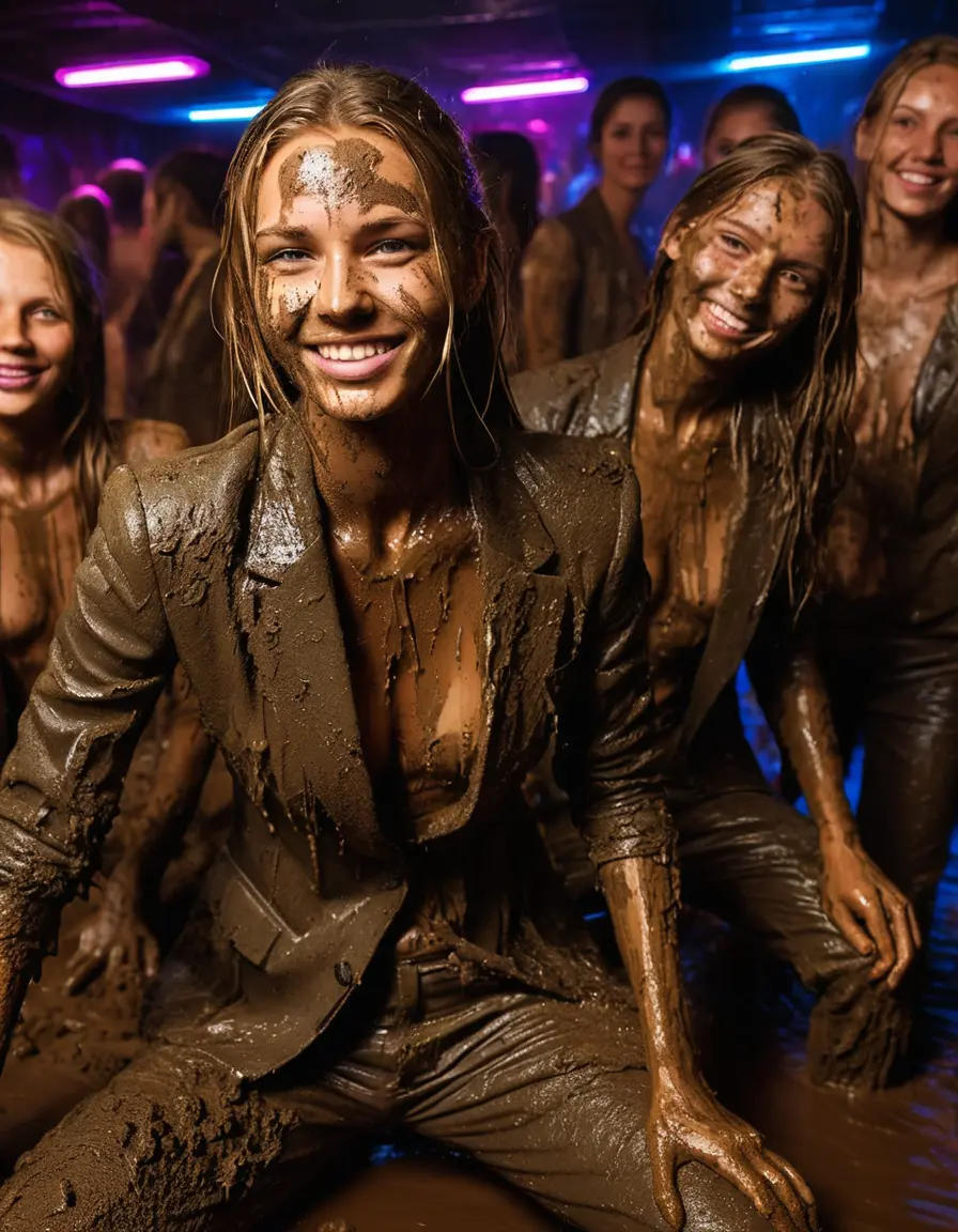 photo of young woman, in soaking wet, drenched clothes,
Muddy high heels, Long very muddy suit pants, Full muddy ruined fully-opened unbuttoned blazer like a fancy uniform over topless exposed small boobs., Dark muddy indoor disco club at night with a mud-filled deep pool on the dance floor. Mud splashed walls, very dark mood lighting with pink and blue neon lights from above. Muddy chairs and sofas in the background., 
enjoying, wet clothes stuck to body,
detailed textures of the wet clothes, wet face, wet plastered hair,
wet, drenched, professional, high-quality details, full body view.
sharp focus, ultra-high pixel detail, realistic, high-quality, full colors, incredibly detailed, 4k, 8k, 16k, hyper-realistic, RAW photo, masterpiece, ultra-detailed, professionally color graded, professional photograph, Two very young-looking pretty cute innocent blonde teen 18 years old beautiful girls are kneeling down together in a crowded knee-deep muddy pool after a full dip during the crazy muddy indoor disco party at night for a professional photo. Their knees are below the mud level. They are proudly wearing their fully and heavily mud-covered unbuttoned and opened suits over their muddy topless small boobs. Thick mud on their blazers and pants. Every small details of the clothes are muddy, muddy beautiful faces, muddy chests and boobs. Their blazer has the same colour as their muddy pants. There are small group of similar muddy clubbing teen girls in the near background. The classy elegant disco club is totally destroyed by mud, mud spots everywhere, mud flows down on the walls, mud on the furnitures in the background. Straight very long open wavy hairstyle, muddy hair, smiling and beautiful muddy faces, blue eyes, earrings, lipstick. The girls are enjoying to being total muddy in the muddy pool, being sexy, naughty while they are enjoying the muddy fetish party. Realistic muddy boobs and photorealistic detailed smiling facial expressions. Intimate close-up picture about the girls. Close-up photo, highly realistic representation, ultra sharp focus, highly photorealistic detailed textures, highly photorealistic detailed facial features and expressions, highly photorealistic hands, highly emotional reactions, highly best quality, highly sharp photorealistic image, highly photorealistic details, full UHD resolution, 32 K, very high level of detail and image sharpness, zoomed in