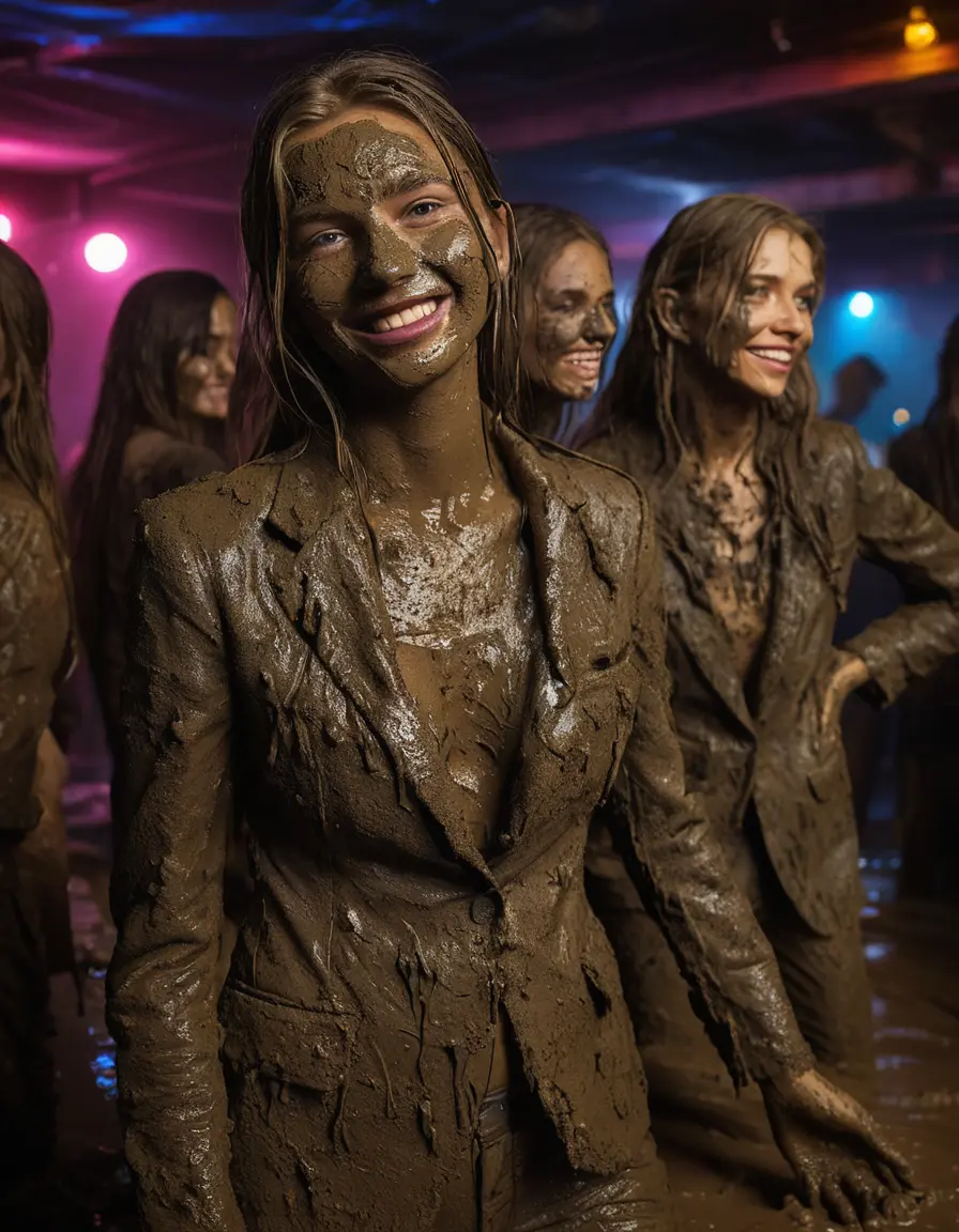 photo of young woman, in soaking wet, drenched clothes,
Muddy high heels, Long very muddy suit pants, Full muddy ruined fully-opened unbuttoned blazer like a fancy uniform over topless exposed small boobs., Dark muddy indoor disco club at night with a mud-filled deep pool on the dance floor. Mud splashed walls, very dark mood lighting with pink and blue neon lights. Muddy furnitures and mud-covered chairs and sofas in the background., 
enjoying, wet clothes stuck to body,
detailed textures of the wet clothes, wet face, wet plastered hair,
wet, drenched, professional, high-quality details, full body view.
sharp focus, ultra-high pixel detail, realistic, high-quality, full colors, incredibly detailed, 4k, 8k, 16k, hyper-realistic, RAW photo, masterpiece, ultra-detailed, professionally color graded, professional photograph, Two young-looking pretty cute innocent blonde teen 16 years old beautiful girls are playing together in a deep muddy pool after a full dip in it while they are hugging each other during the muddy indoor disco party at night. Their waists are below the mud level. They are proudly wearing their fully and heavily mud-covered unbuttoned and opened suits over their muddy topless small boobs. Thick mud on their blazers and pants. Every small details of the clothes are muddy, muddy beautiful faces, muddy chests and boobs. Their blazer has the same colour as their muddy pants. There are small group of similar muddy clubbing teen girls in the near background. The classy elegant disco club is totally destroyed by mud, mud spots everywhere, mud flows down on the walls, mud on the furnitures in the background. Straight very long open wavy hairstyle, muddy hair, smiling and beautiful muddy faces, blue eyes, earrings, lipstick. The girls are enjoying to being total muddy in the muddy pool, being sexy, naughty while they are enjoying the muddy fetish party. Realistic muddy boobs and photorealistic detailed smiling facial expressions. Intimate close-up picture about the girls. Close-up photo, highly realistic representation, ultra sharp focus, highly photorealistic detailed textures, highly photorealistic detailed facial features and expressions, highly photorealistic hands, highly emotional reactions, highly best quality, highly sharp photorealistic image, highly photorealistic details, full UHD resolution, 32 K, very high level of detail and image sharpness, zoomed in