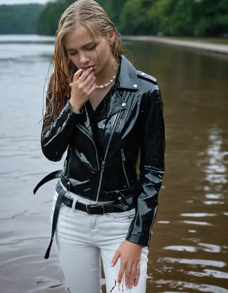photo of young woman, in soaking wet, drenched clothes,
ankle boots, super skin tight white denim jeans, slim fit black biker leatherjacket,  tight sexy light pink tshirt with wide necklace, handbag, pearl necklace, Fifteen years horny blonde teenage girl with her Friends holds her hand over her mouth and nose posing half submerged into water for a picture on a dock, 
enjoying, wet clothes stuck to body,
detailed textures of the wet clothes, wet face, wet plastered hair,
wet, drenched, professional, high-quality details, full body view.
sharp focus, ultra-high pixel detail, realistic, high-quality, full colors, incredibly detailed, 4k, 8k, 16k, hyper-realistic, RAW photo, masterpiece, ultra-detailed, professionally color graded, professional photograph, Fifteen years old, completely soaked, completely dripping wet from head to toe, very wet clothes, sleek long straight hair, worried and embarrassed facial expression, slight yawn, moaning,  all girls wear different styles of clothes, she takes her handbag with her into the water, a lot of people stands in the background, close-up, view from above, highly realistic representation, ultra sharp focus, highly photorealistic detailed facial features and expressions, highly photorealistic hands, highly best quality, highly sharp photorealistic image, highly photorealistic details, highest photorealistic wet clothes, full UHD resolution, highest photorealistic sharpness of the image, 32 K