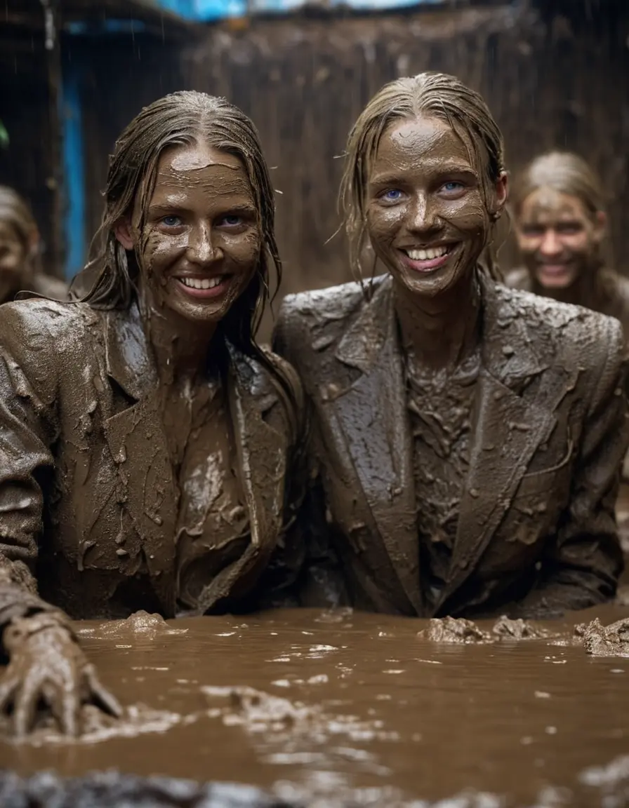 photo of young woman, in soaking wet, drenched clothes,
, Long very muddy suit pants, Full muddy ruined fully-opened unbuttoned blazer like a fancy uniform over topless with too large cleavage and exposed big boobs., Muddy party in a dark muddy indoor disco club. Mud splashed walls, very dark mood lighting with pink and blue neon lights. Muddy furnitures and mud-covered chairs and sofas in the background., 
enjoying, wet clothes stuck to body,
detailed textures of the wet clothes, wet face, wet plastered hair,
wet, drenched, professional, high-quality details, full body view.
sharp focus, ultra-high pixel detail, realistic, high-quality, full colors, incredibly detailed, 4k, 8k, 16k, hyper-realistic, RAW photo, masterpiece, ultra-detailed, professionally color graded, professional photograph, Two young-looking pretty cute innocent blonde teen 15 years old beautiful girls are sitting submerged in a deep muddy hot tub after a full dip in it while they are hugging each other. Their waists are below the mud level. They are wearing their fully and heavily mud-covered unbuttoned and opened suits over their muddy topless boobs. Thick mud on their blazers and pants. Every small details of the clothes are muddy, muddy beautiful faces, muddy chests and boobs. Their blazer has the same colour as their muddy pants. They are proudly wearing their expensive open blazers. The classy elegant disco club is totally destroyed by mud, mud spots everywhere, mud flows down on the walls, mud on the furnitures in the background. Straight very long open wavy hairstyle, muddy hair, smiling and beautiful muddy faces, blue eyes, earrings, lipstick. The girls are enjoying to being total muddy in the muddy hot tub, being sexy, naughty while they are enjoying the muddy fetish party. Realistic muddy boobs and photorealistic detailed smiling facial expressions. Intimate close-up picture about the girls. Close-up photo, highly realistic representation, ultra sharp focus, highly photorealistic detailed textures, highly photorealistic detailed facial features and expressions, highly photorealistic hands, highly emotional reactions, highly best quality, highly sharp photorealistic image, highly photorealistic details, full UHD resolution, 32 K, very high level of detail and image sharpness, zoomed in