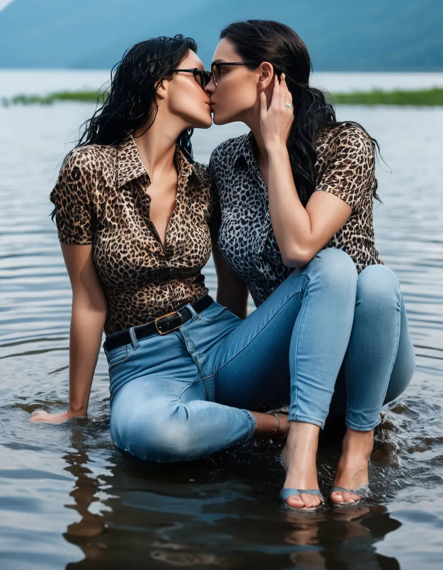photo of young woman, in soaking wet, drenched clothes,
Stilletto heels, long light blue tight jeans, leopard printed top with short sleeves , kissing in Sunny Deep lake, 
enjoying, wet clothes stuck to body,
detailed textures of the wet clothes, wet face, wet plastered hair,
wet, drenched, professional, high-quality details, full body view.
sharp focus, ultra-high pixel detail, realistic, high-quality, full colors, incredibly detailed, 4k, 8k, 16k, hyper-realistic, RAW photo, masterpiece, ultra-detailed, professionally color graded, professional photograph, two women 51 years old, medium black hair, very big and thick lips, office light glasses, complete body