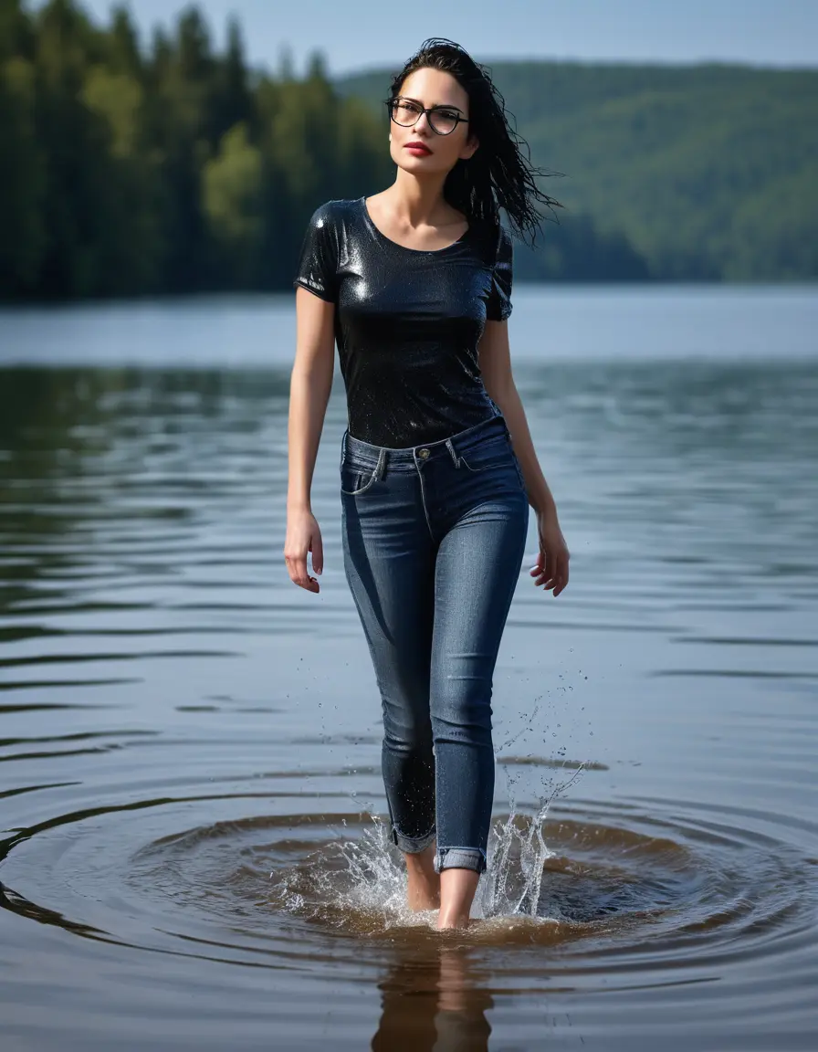 photo of young woman, in soaking wet, drenched clothes,
Stilletto heels, long light dark blue tight jeans, black top with short sleeves , walking in Sunny Deep lake, 
enjoying, wet clothes stuck to body,
detailed textures of the wet clothes, wet face, wet plastered hair,
wet, drenched, professional, high-quality details, full body view.
sharp focus, ultra-high pixel detail, realistic, high-quality, full colors, incredibly detailed, 4k, 8k, 16k, hyper-realistic, RAW photo, masterpiece, ultra-detailed, professionally color graded, professional photograph, woman 51 years old, medium black hair, very big and thick lips, office light glasses, complete body