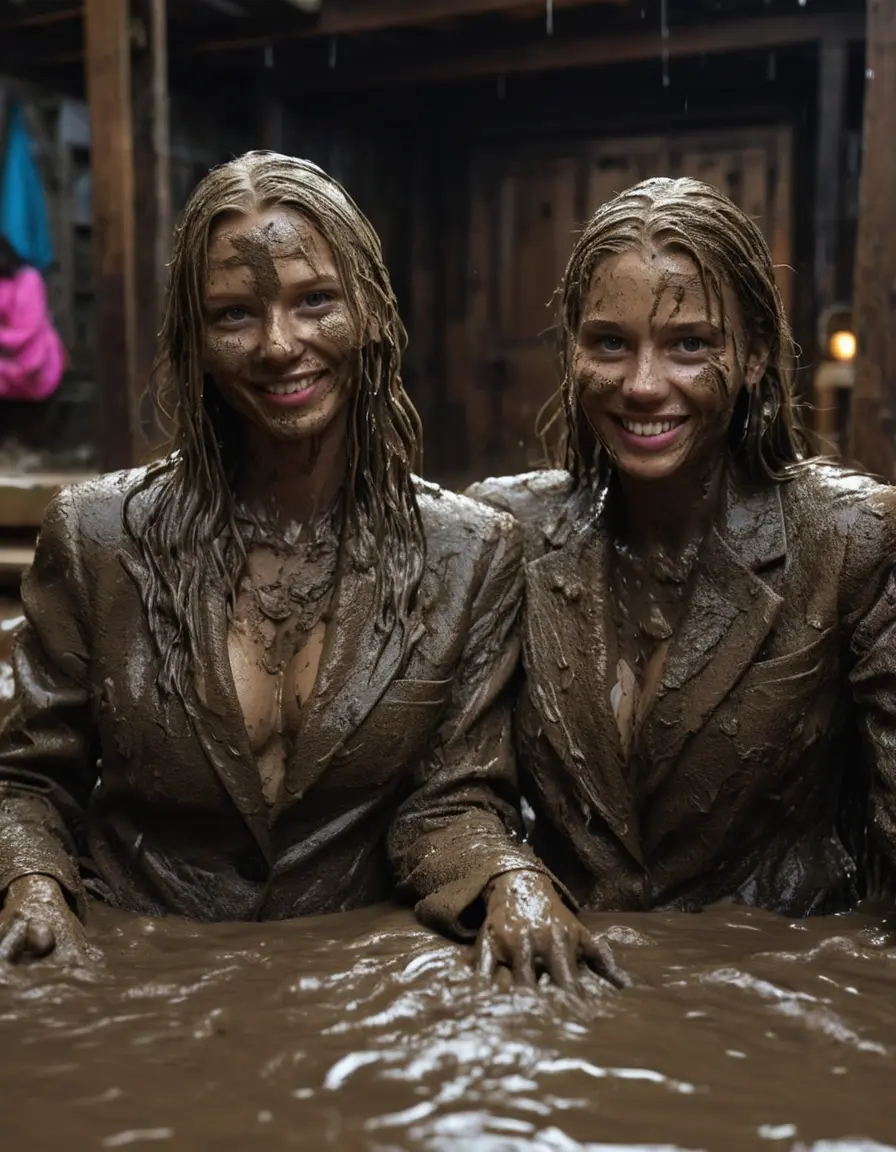 photo of young woman, in soaking wet, drenched clothes,
, Long very muddy suit pants, Full muddy ruined fully-opened blazer like a fancy uniform over topless with too large cleavage and exposed big boobs., Muddy party in a dark muddy indoor disco club. Mud splashed walls, very dark mood lighting with pink and blue neon lights. Muddy furnitures and mud-covered chairs and sofas in the background., 
enjoying, wet clothes stuck to body,
detailed textures of the wet clothes, wet face, wet plastered hair,
wet, drenched, professional, high-quality details, full body view.
sharp focus, ultra-high pixel detail, realistic, high-quality, full colors, incredibly detailed, 4k, 8k, 16k, hyper-realistic, RAW photo, masterpiece, ultra-detailed, professionally color graded, professional photograph, Two young pretty cute innocent blonde teen 16 years old beautiful girls are sitting submerged in a deep muddy hot tub after a full dip in it while they are hugging each other. Their waists are below the mud level. They are wearing their fully and heavily mud-covered opened suits with too large and wide cleavages. Thick mud on their blazers. Every small details of the clothes are muddy, muddy faces, muddy chests and boobs. Their blazer has the same colour as their muddy pants. They are proudly wearing their expensive open blazers and flaunting their large cleavages. The classy elegant disco club is totally destroyed by mud, mud spots everywhere, mud flows down on the walls, mud on the furnitures in the background. Straight very long open wavy hairstyle, muddy hair, smiling and beautiful muddy faces, blue eyes, earrings, lipstick. The girls are enjoying to being total muddy in the muddy hot tub, being sexy, naughty while they are enjoying the muddy fetish party. Realistic muddy boobs and photorealistic detailed smiling facial expressions. Intimate close-up picture about the girls. Close-up photo, highly realistic representation, ultra sharp focus, highly photorealistic detailed textures, highly photorealistic detailed facial features and expressions, highly photorealistic hands, highly emotional reactions, highly best quality, highly sharp photorealistic image, highly photorealistic details, full UHD resolution, 32 K, very high level of detail and image sharpness, zoomed in