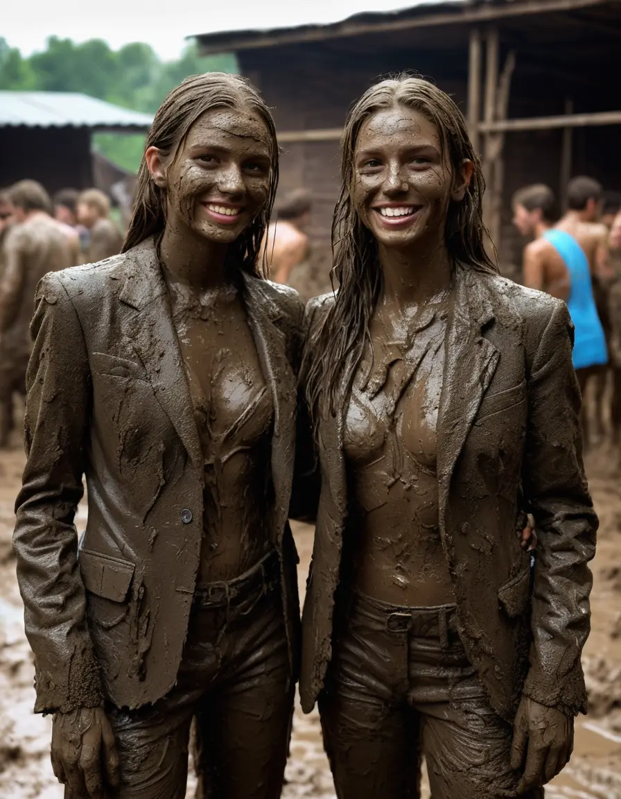 photo of young woman, in soaking wet, drenched clothes,
Muddy high heels, Long very muddy suit pants, Full muddy ruined fully-opened unbuttoned blazer like a fancy uniform over topless exposed small boobs., Dark muddy indoor disco club with a mud-filled deep pool on the dance floor. Mud splashed walls, very dark mood lighting with pink and blue neon lights. Muddy furnitures and mud-covered chairs and sofas in the background., 
enjoying, wet clothes stuck to body,
detailed textures of the wet clothes, wet face, wet plastered hair,
wet, drenched, professional, high-quality details, full body view.
sharp focus, ultra-high pixel detail, realistic, high-quality, full colors, incredibly detailed, 4k, 8k, 16k, hyper-realistic, RAW photo, masterpiece, ultra-detailed, professionally color graded, professional photograph, Two young-looking pretty cute innocent blonde teen 16 years old beautiful girls are playing together in a deep muddy pool after a full dip in it while they are hugging each other during the muddy indoor disco party. Their waists are below the mud level. They are proudly wearing their fully and heavily mud-covered unbuttoned and opened suits over their muddy topless small boobs. Thick mud on their blazers and pants. Every small details of the clothes are muddy, muddy beautiful faces, muddy chests and boobs. Their blazer has the same colour as their muddy pants. There are small group of similar muddy clubbing teen girls in the near background. The classy elegant disco club is totally destroyed by mud, mud spots everywhere, mud flows down on the walls, mud on the furnitures in the background. Straight very long open wavy hairstyle, muddy hair, smiling and beautiful muddy faces, blue eyes, earrings, lipstick. The girls are enjoying to being total muddy in the muddy pool, being sexy, naughty while they are enjoying the muddy fetish party. Realistic muddy boobs and photorealistic detailed smiling facial expressions. Intimate close-up picture about the girls. Close-up photo, highly realistic representation, ultra sharp focus, highly photorealistic detailed textures, highly photorealistic detailed facial features and expressions, highly photorealistic hands, highly emotional reactions, highly best quality, highly sharp photorealistic image, highly photorealistic details, full UHD resolution, 32 K, very high level of detail and image sharpness, zoomed in