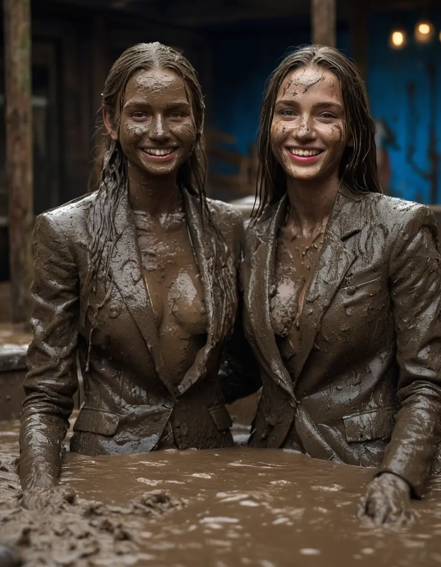 photo of young woman, in soaking wet, drenched clothes,
, Long very muddy suit pants, Full muddy ruined fully-opened unbuttoned blazer like a fancy uniform over topless with too large cleavage and exposed big boobs., Muddy party in a dark muddy indoor disco club. Mud splashed walls, very dark mood lighting with pink and blue neon lights. Muddy furnitures and mud-covered chairs and sofas in the background., 
enjoying, wet clothes stuck to body,
detailed textures of the wet clothes, wet face, wet plastered hair,
wet, drenched, professional, high-quality details, full body view.
sharp focus, ultra-high pixel detail, realistic, high-quality, full colors, incredibly detailed, 4k, 8k, 16k, hyper-realistic, RAW photo, masterpiece, ultra-detailed, professionally color graded, professional photograph, Two young-looking pretty cute innocent blonde teen 16 years old beautiful girls are sitting submerged in a deep muddy hot tub after a full dip in it while they are hugging each other. Their waists are below the mud level. They are wearing their fully and heavily mud-covered unbuttoned and opened suits over their muddy topless boobs. Thick mud on their blazers and pants. Every small details of the clothes are muddy, muddy beautiful faces, muddy chests and boobs. Their blazer has the same colour as their muddy pants. They are proudly wearing their expensive open blazers. The classy elegant disco club is totally destroyed by mud, mud spots everywhere, mud flows down on the walls, mud on the furnitures in the background. Straight very long open wavy hairstyle, muddy hair, smiling and beautiful muddy faces, blue eyes, earrings, lipstick. The girls are enjoying to being total muddy in the muddy hot tub, being sexy, naughty while they are enjoying the muddy fetish party. Realistic muddy boobs and photorealistic detailed smiling facial expressions. Intimate close-up picture about the girls. Close-up photo, highly realistic representation, ultra sharp focus, highly photorealistic detailed textures, highly photorealistic detailed facial features and expressions, highly photorealistic hands, highly emotional reactions, highly best quality, highly sharp photorealistic image, highly photorealistic details, full UHD resolution, 32 K, very high level of detail and image sharpness, zoomed in
